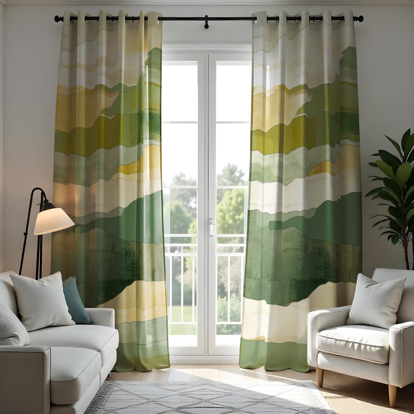 Watercolor Mountain Landscape Curtains, Green & Yellow Earthy Tones