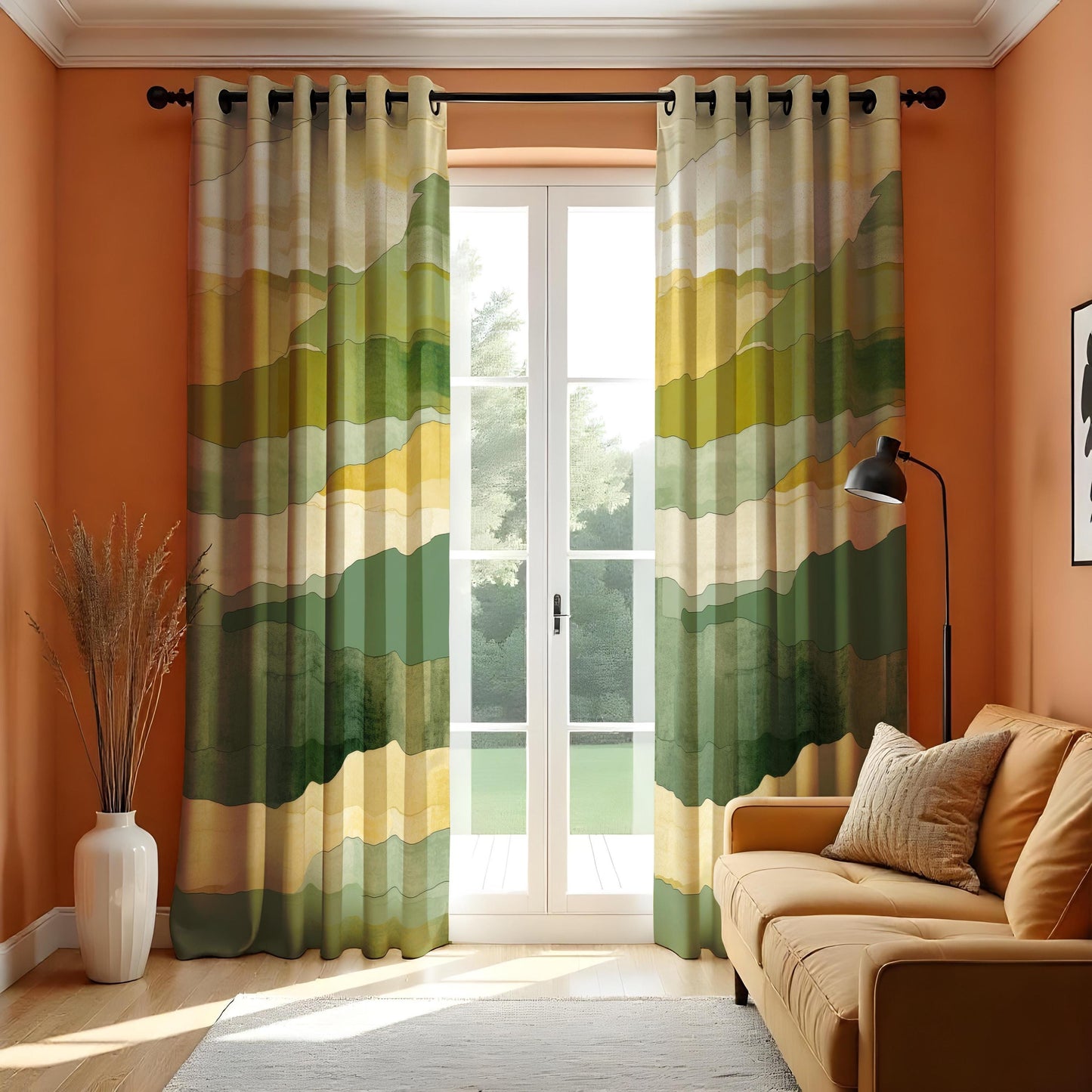 Watercolor Mountain Landscape Curtains, Green & Yellow Earthy Tones