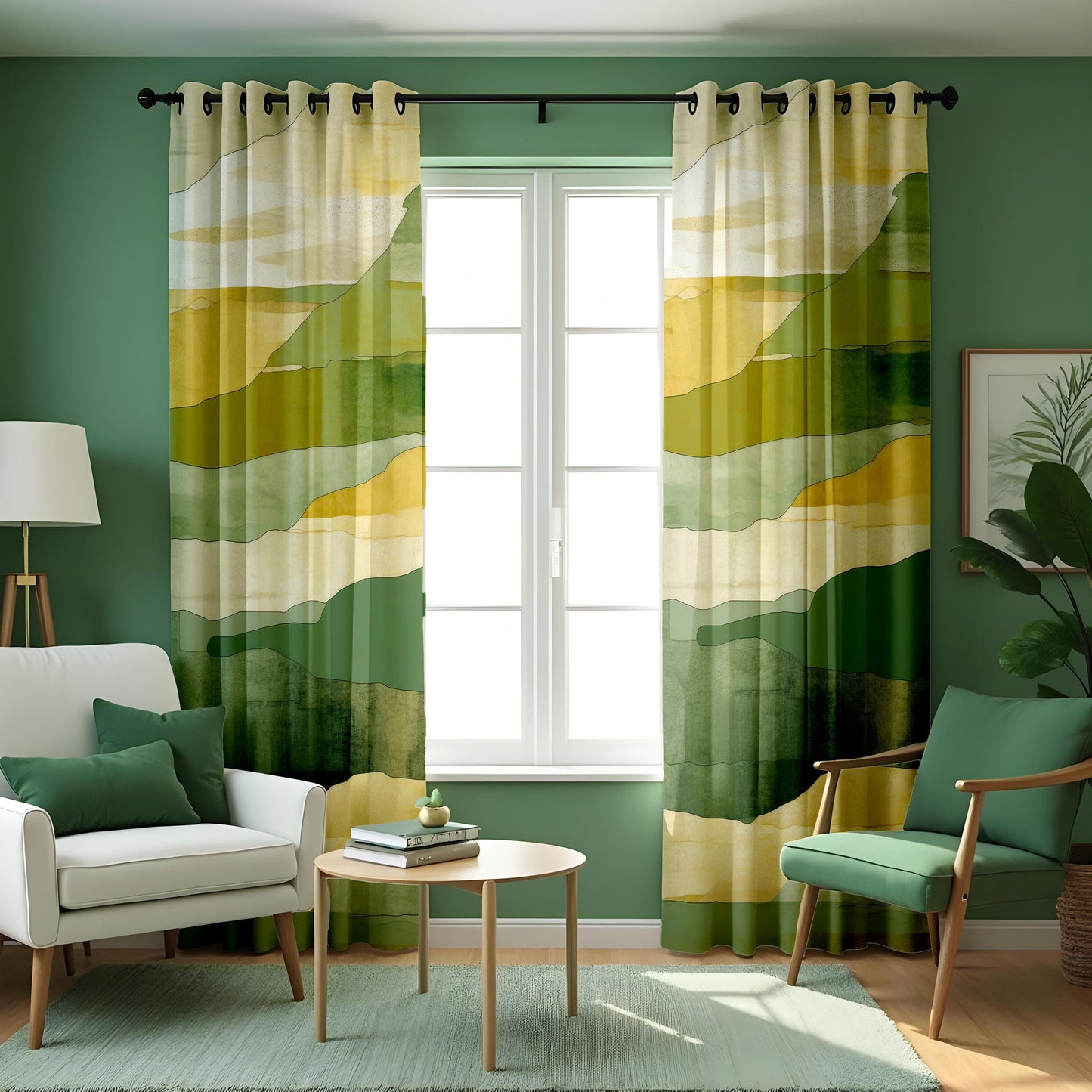 Watercolor Mountain Landscape Curtains, Green & Yellow Earthy Tones