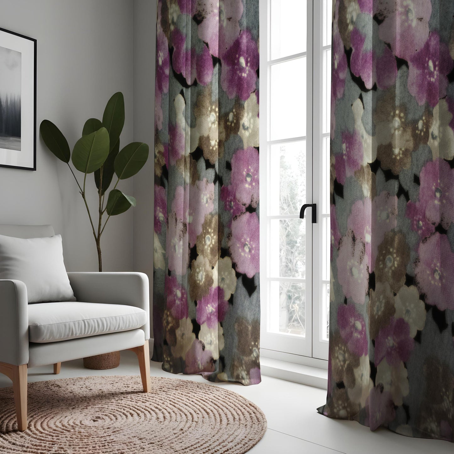 Watercolor Floral Eyelet Curtains, Abstract Flower Print Drapes