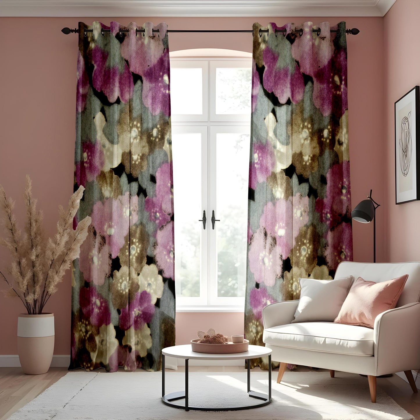 Watercolor Floral Eyelet Curtains, Abstract Flower Print Drapes