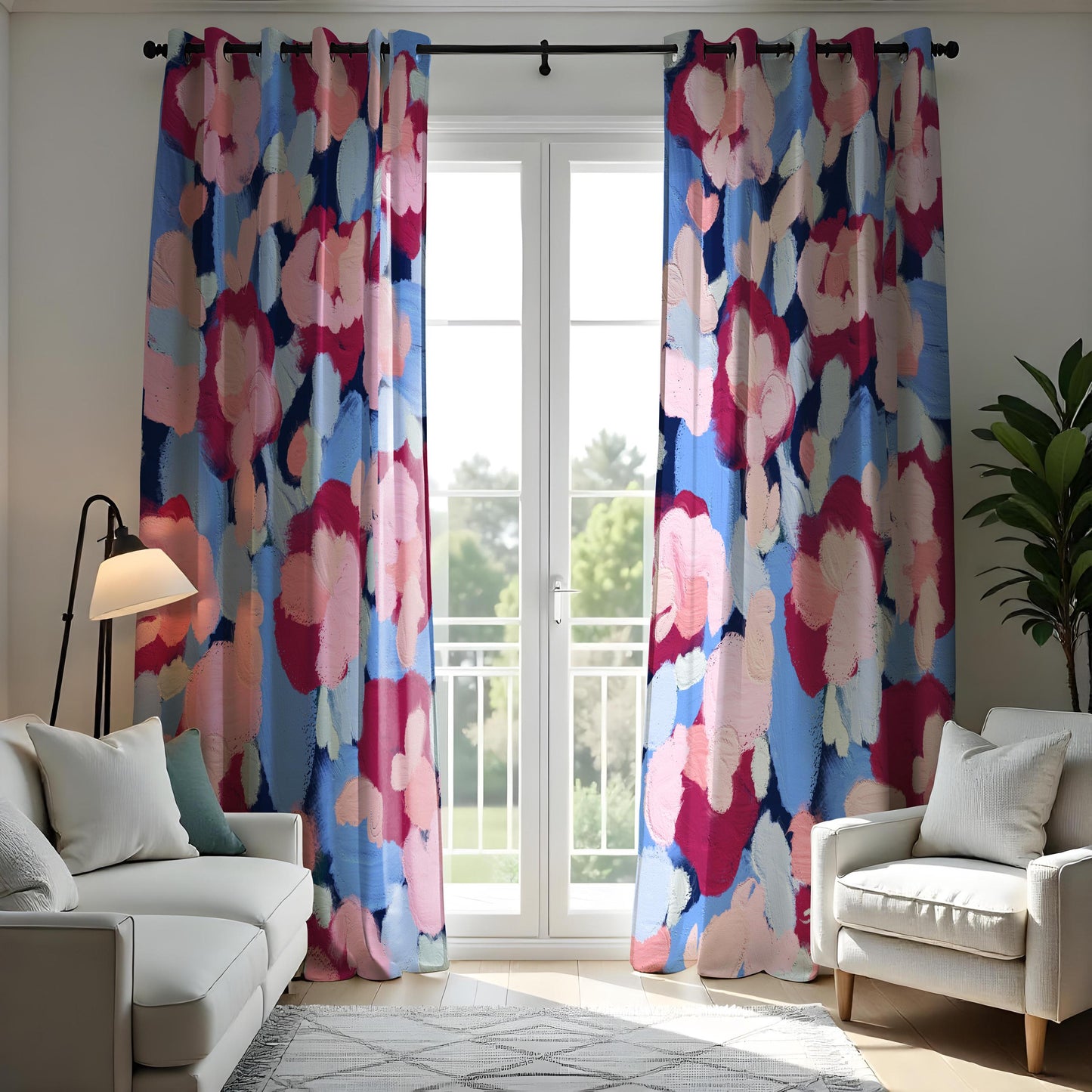 Abstract Floral Brushstroke Curtains, Bold Hand-Painted Style Drapes