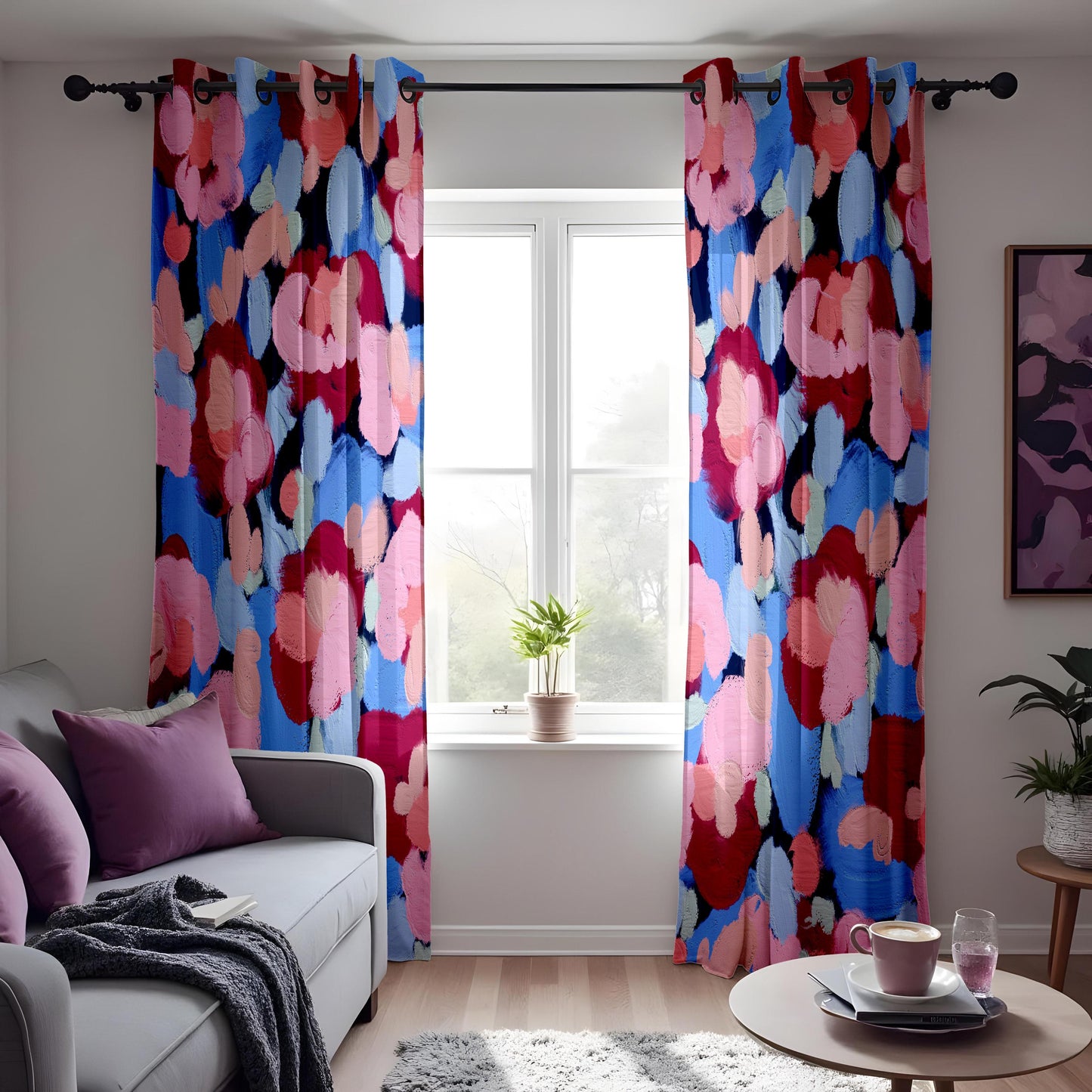Abstract Floral Brushstroke Curtains, Bold Hand-Painted Style Drapes