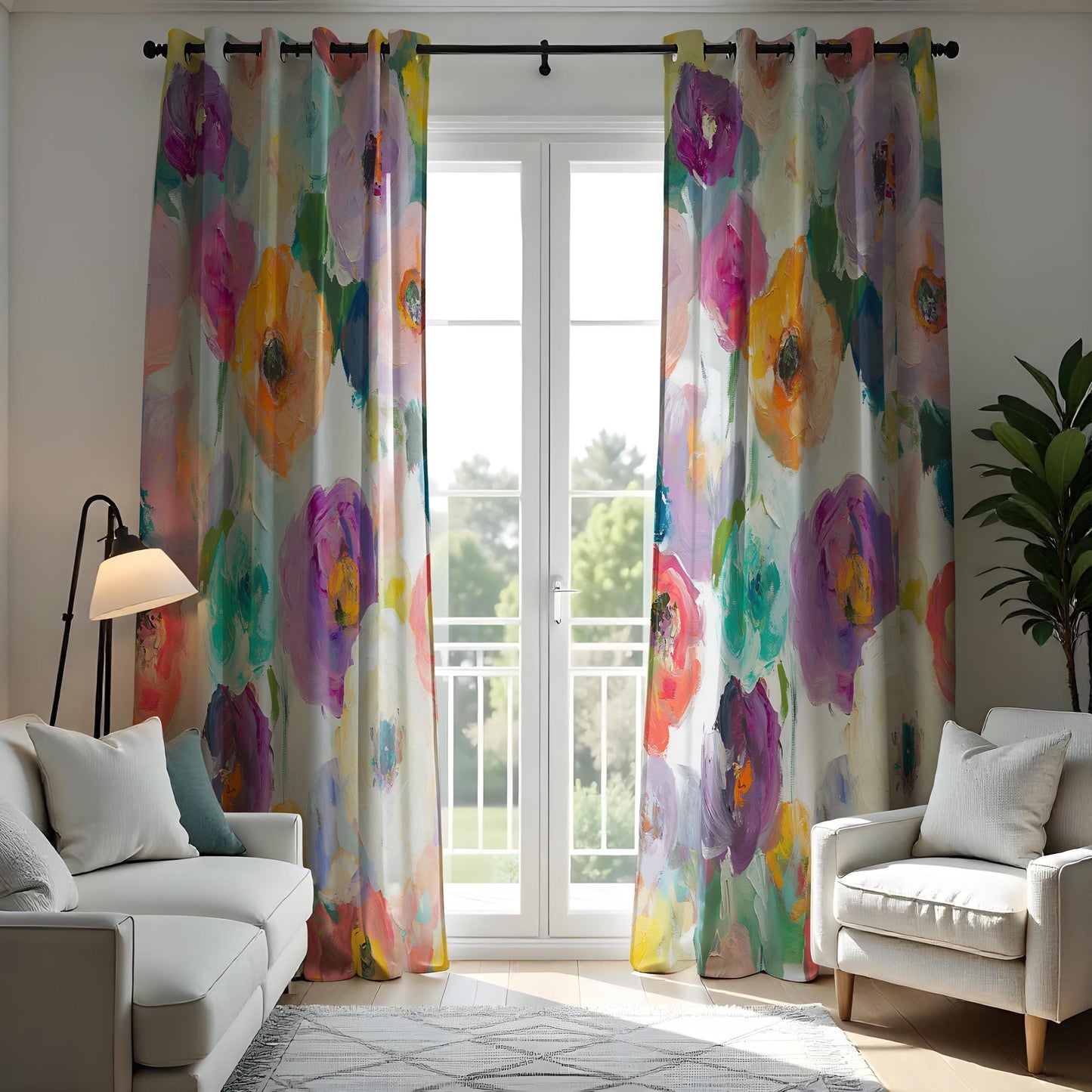 Watercolor Floral Curtains, Vibrant Multicolor Flower Print Drapes