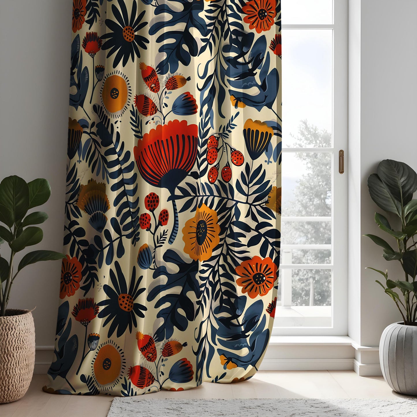 Bold Botanical Curtains, Navy Blue & Orange Floral Print Drapes