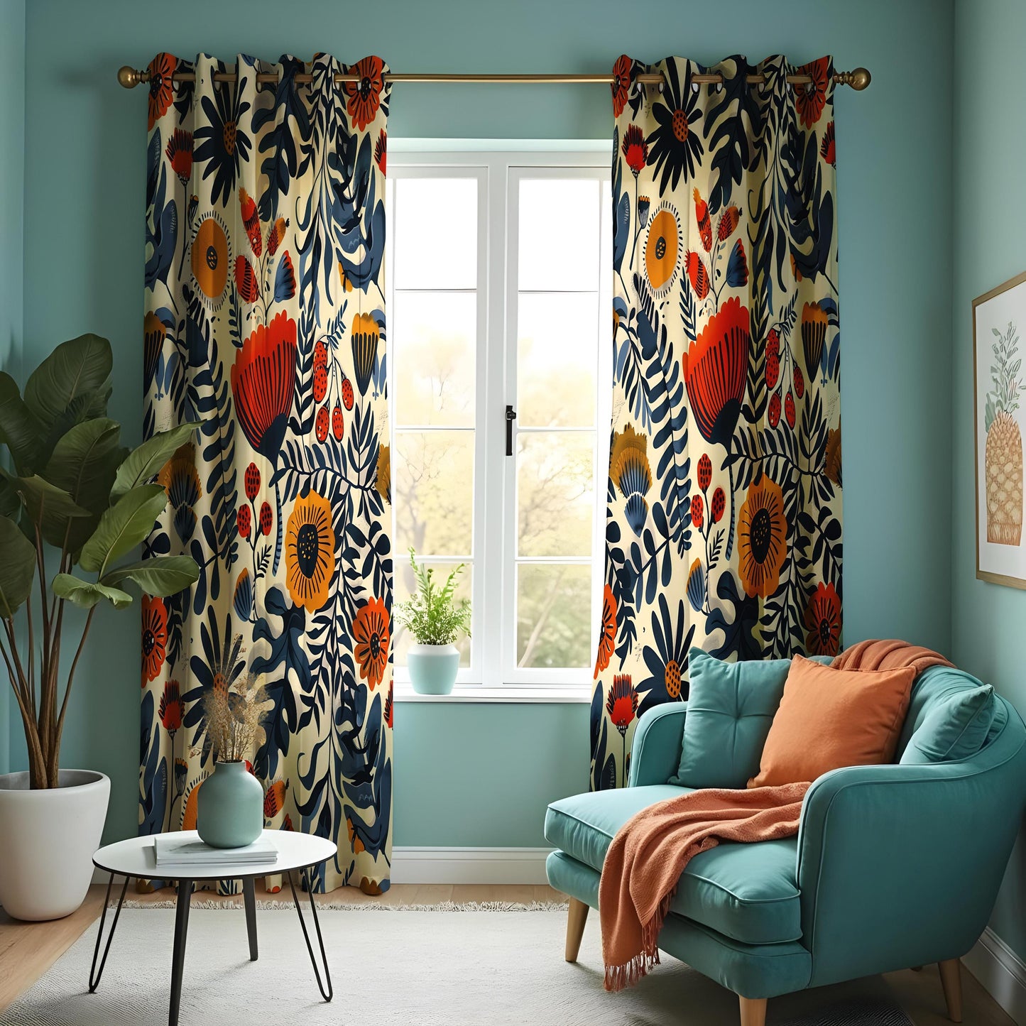 Bold Botanical Curtains, Navy Blue & Orange Floral Print Drapes