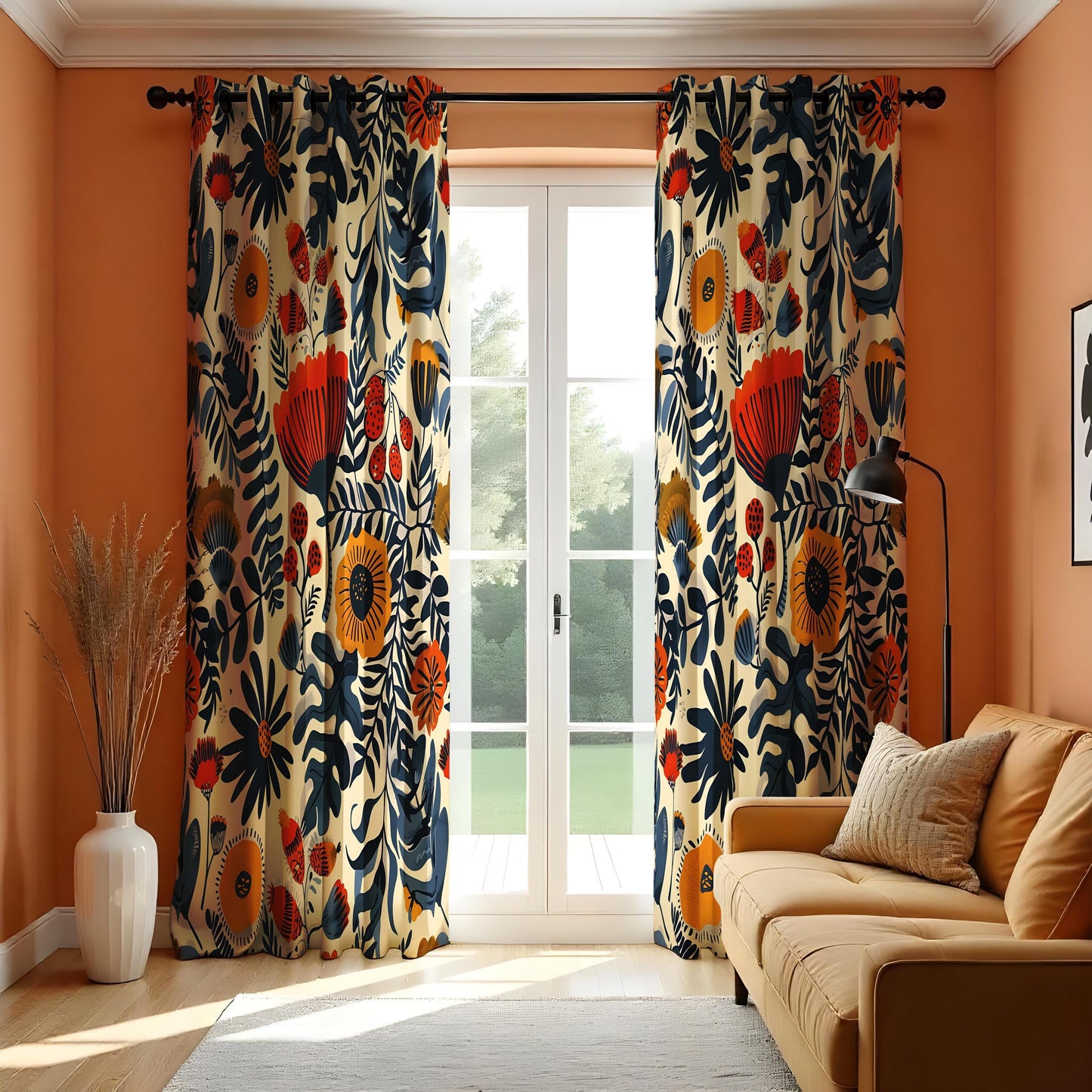 Bold Botanical Curtains, Navy Blue & Orange Floral Print Drapes