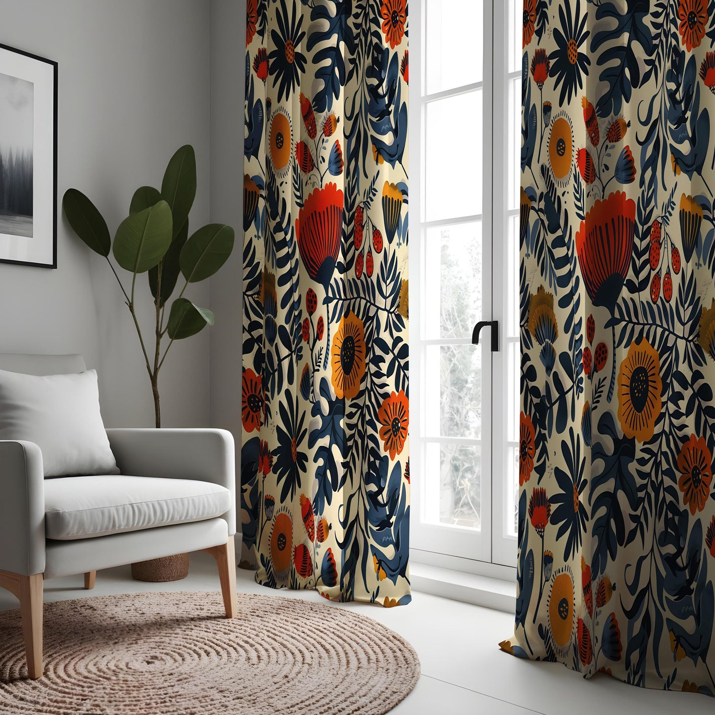 Bold Botanical Curtains, Navy Blue & Orange Floral Print Drapes