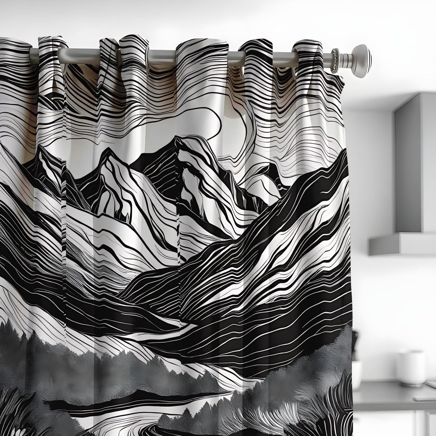 Black & White Mountain Landscape Curtain, Abstract Nature Design Drape