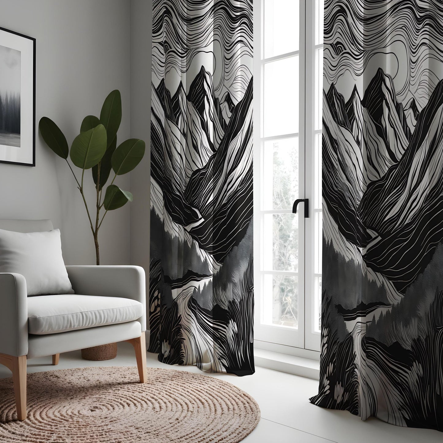 Black & White Mountain Landscape Curtain, Abstract Nature Design Drape