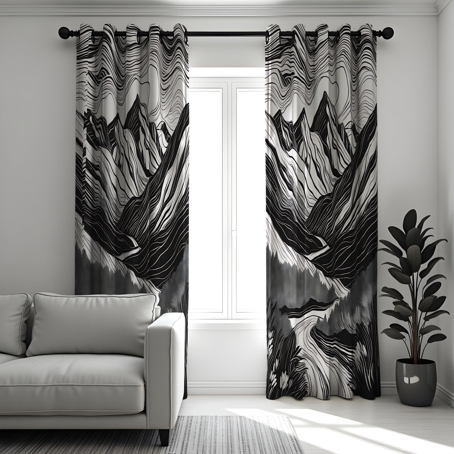 Black & White Mountain Landscape Curtain, Abstract Nature Design Drape