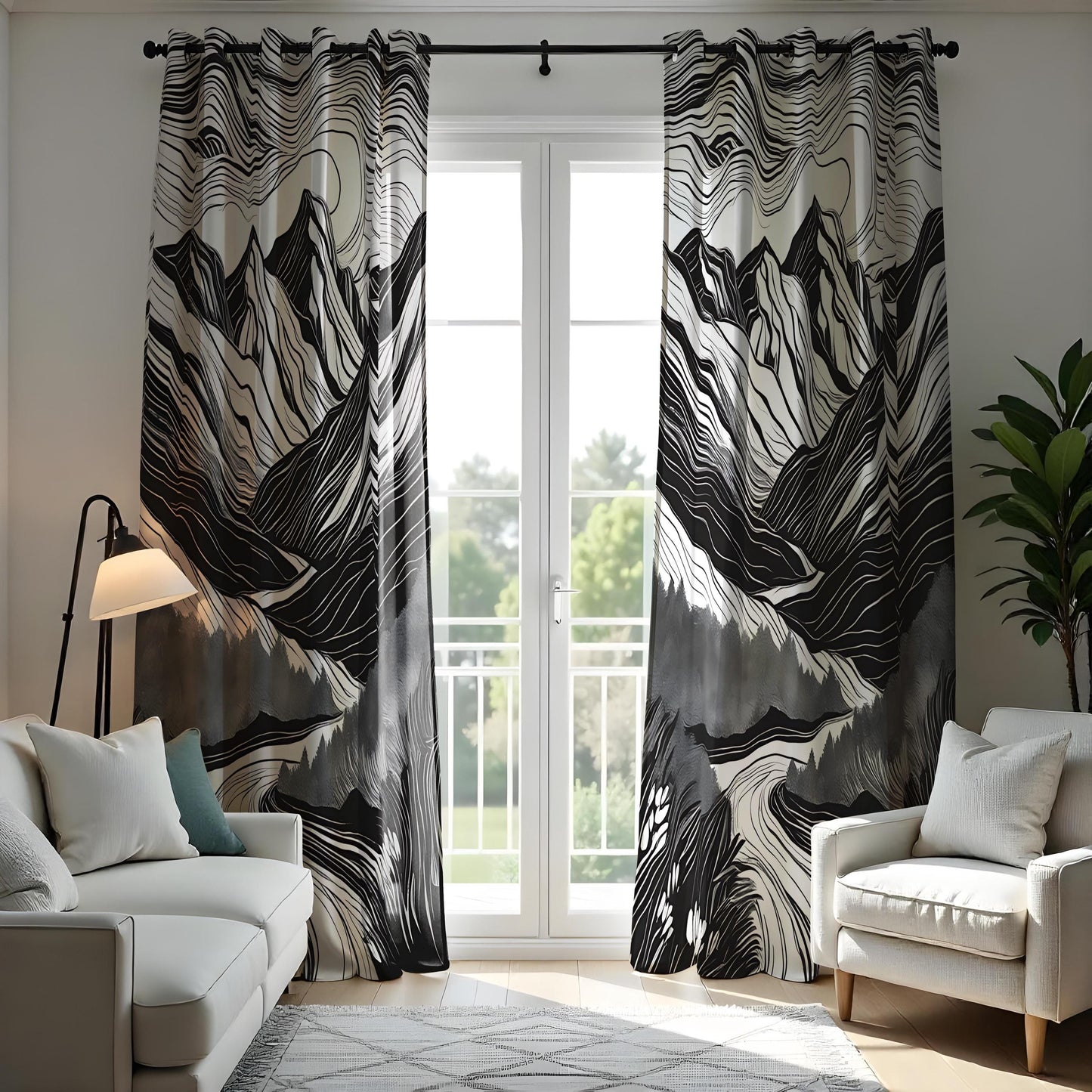 Black & White Mountain Landscape Curtain, Abstract Nature Design Drape