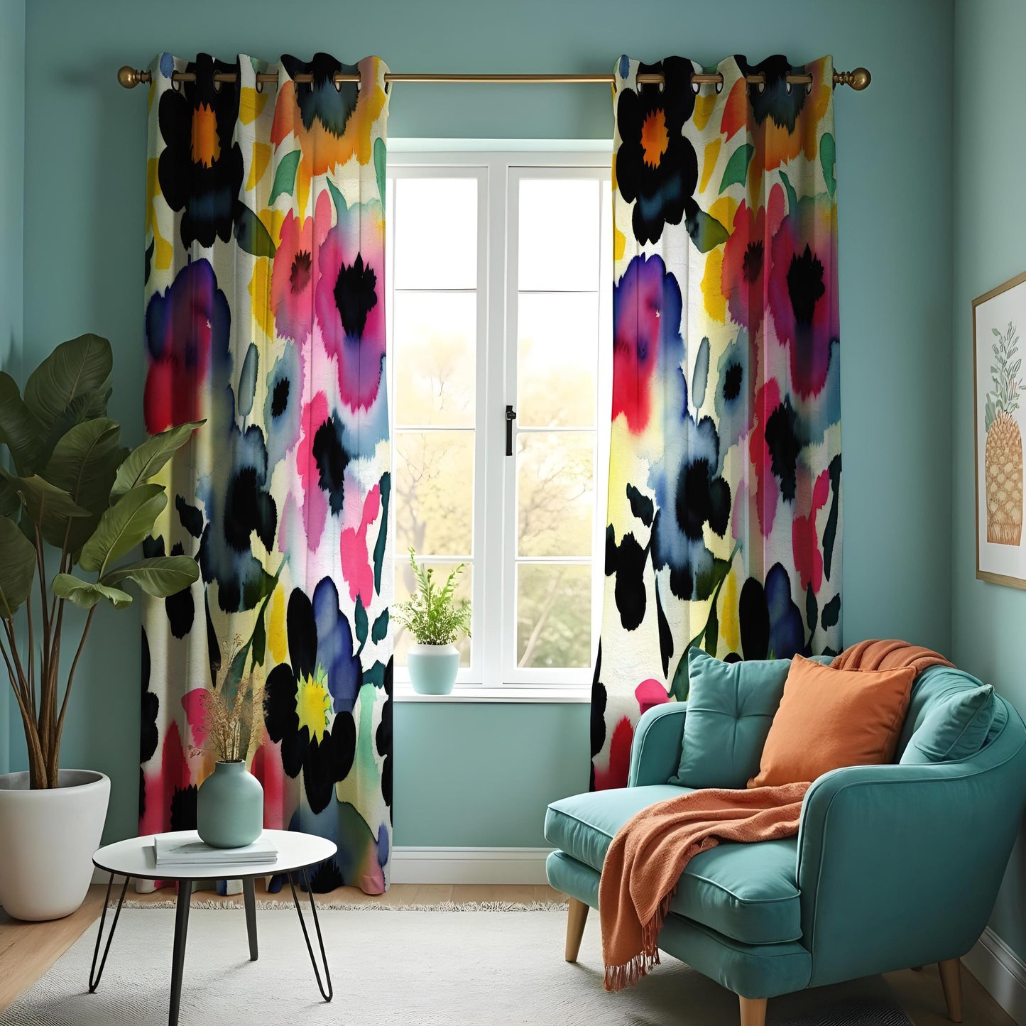 Vibrant Floral Watercolor Curtain, Abstract Floral Drape