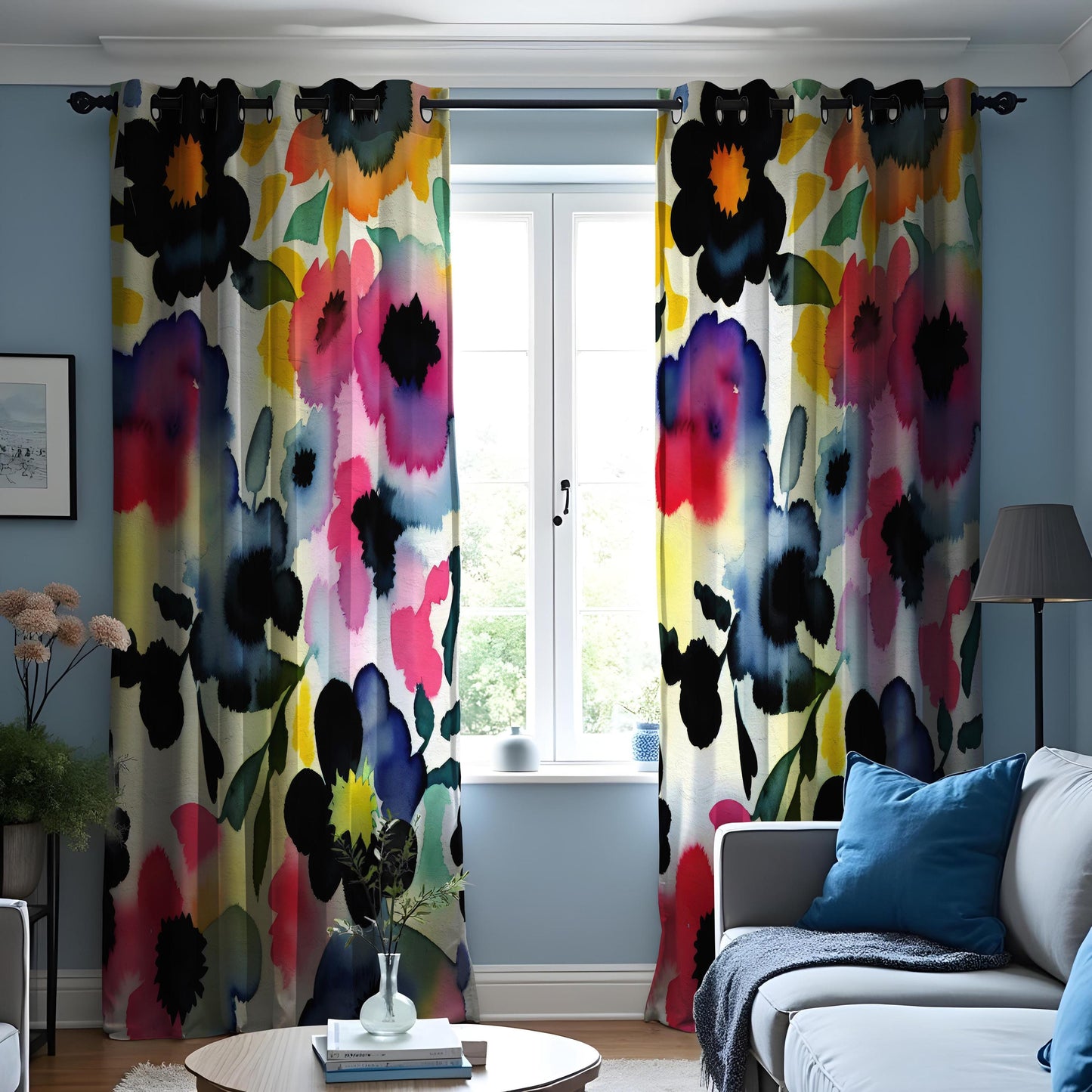 Vibrant Floral Watercolor Curtain, Abstract Floral Drape