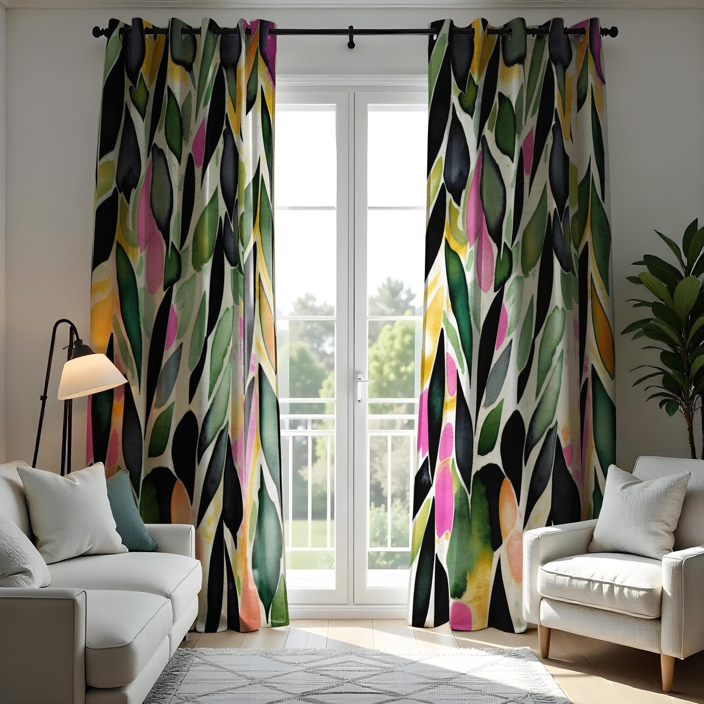 Colorful Abstract Leaf Print Curtain, Green & Pink Watercolor Design