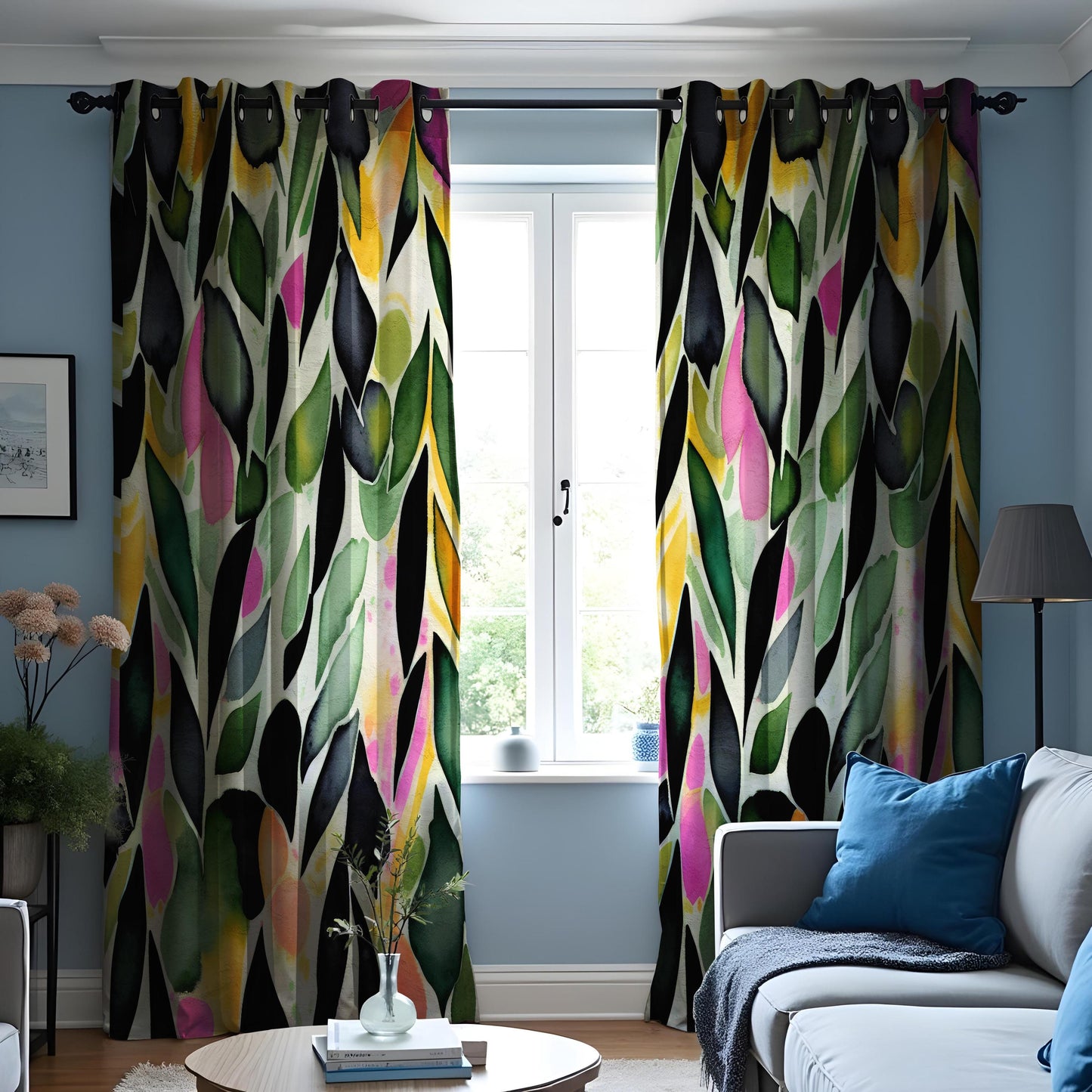 Colorful Abstract Leaf Print Curtain, Green & Pink Watercolor Design