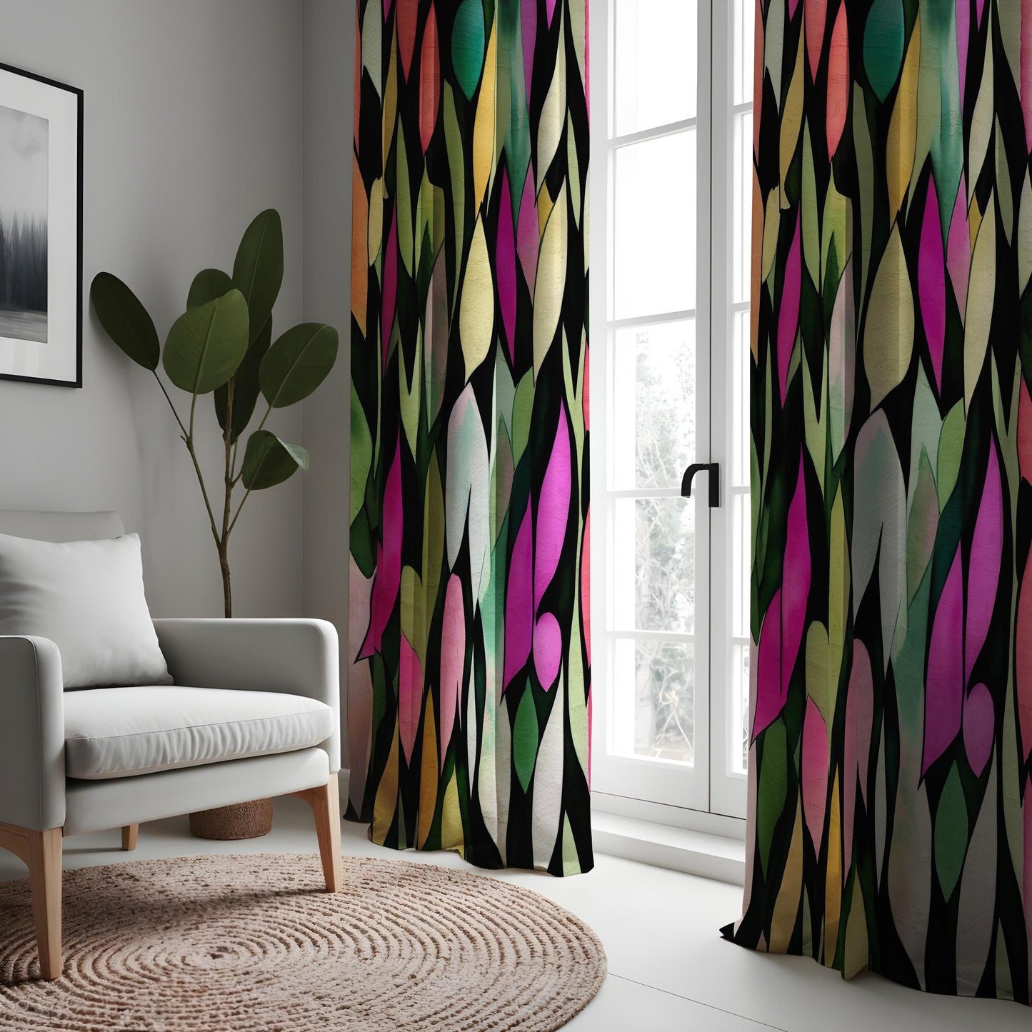Vibrant Abstract Leaf Print Curtain, Bold Multicolor Watercolor Design
