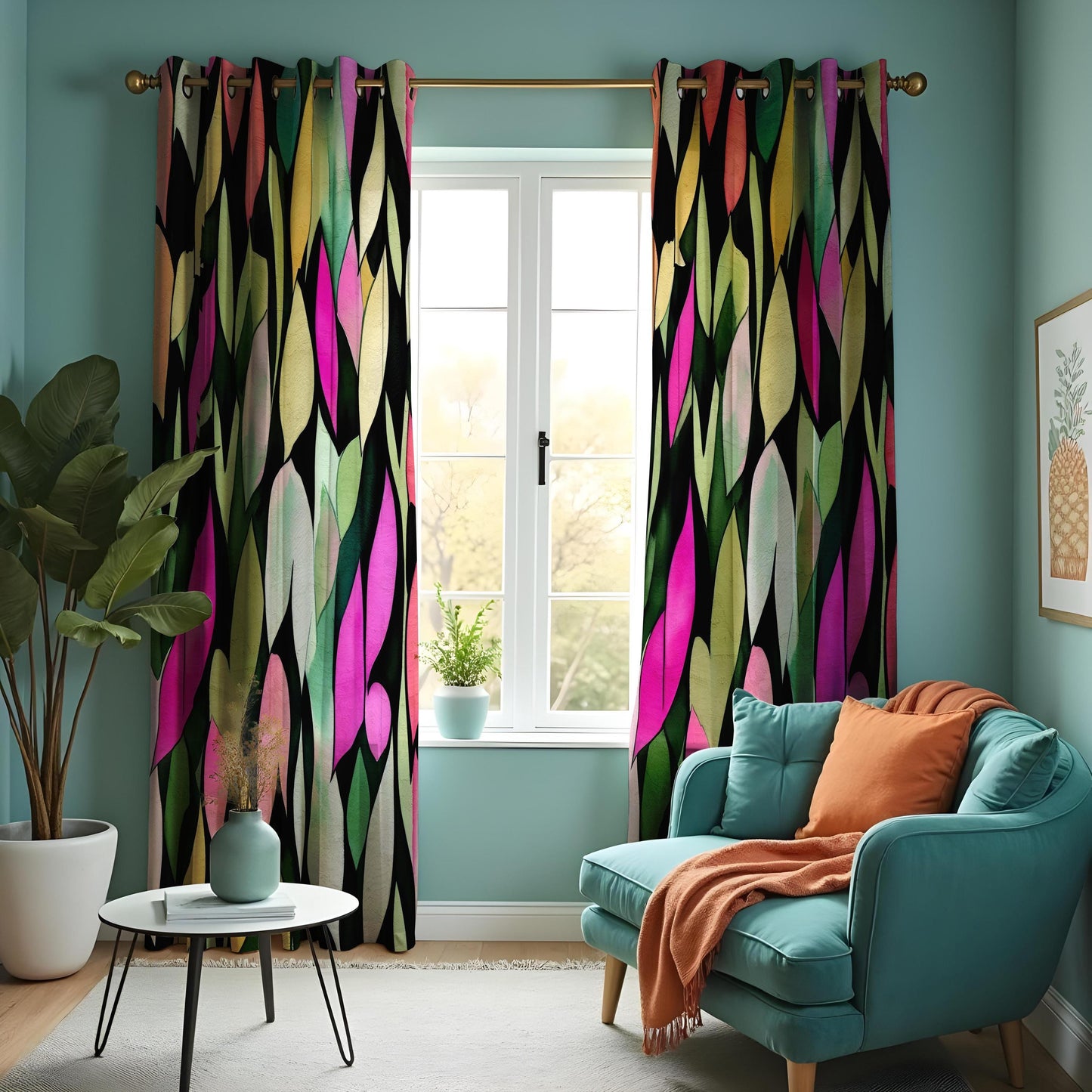 Vibrant Abstract Leaf Print Curtain, Bold Multicolor Watercolor Design
