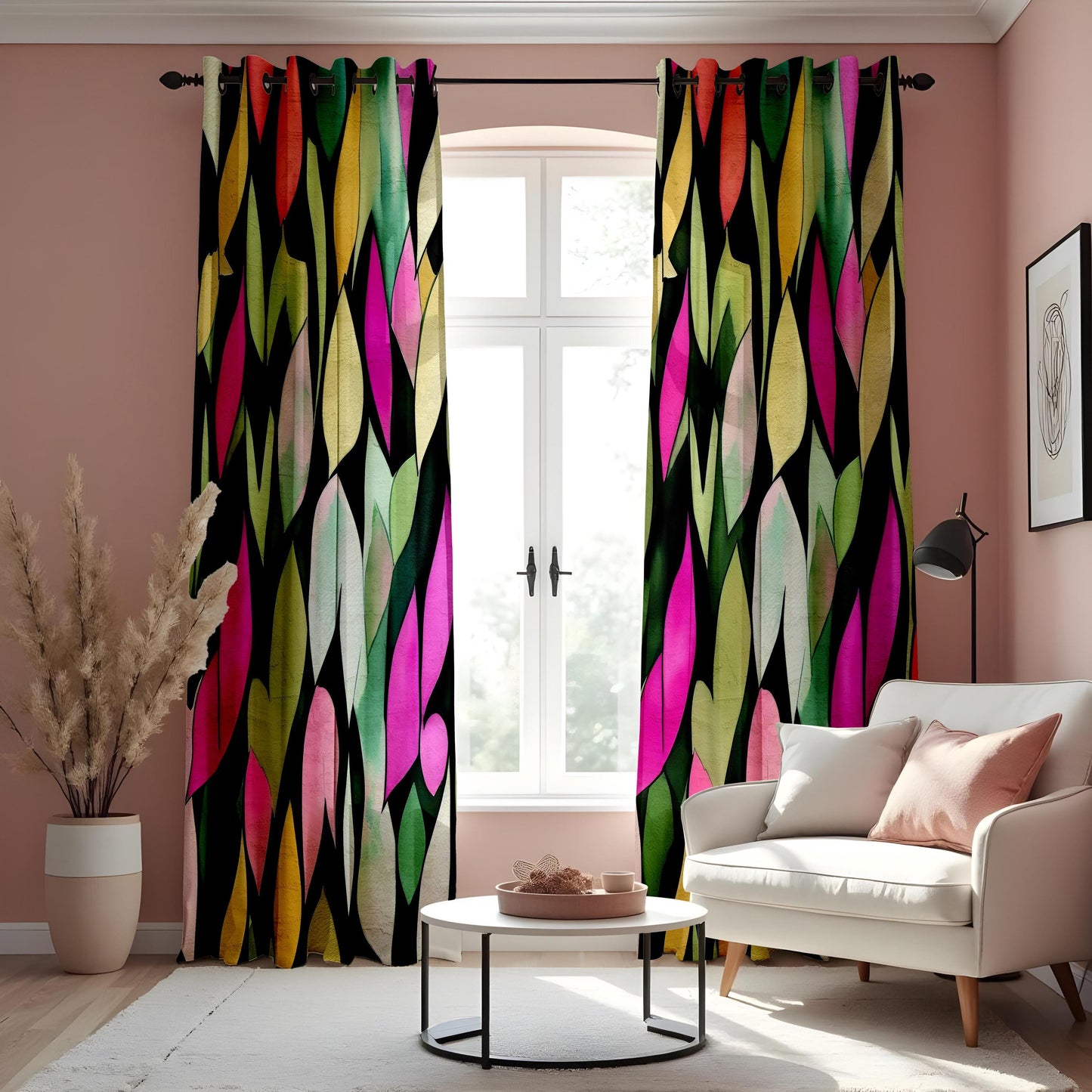 Vibrant Abstract Leaf Print Curtain, Bold Multicolor Watercolor Design