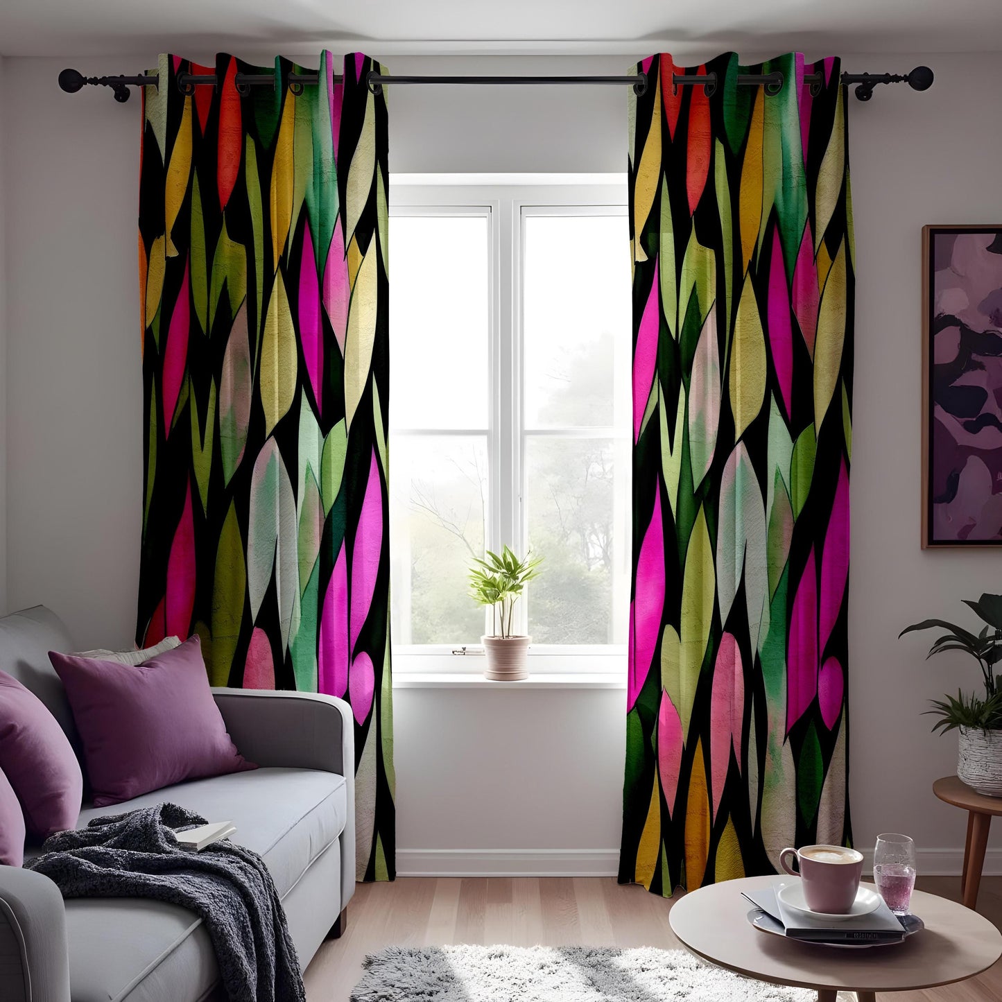 Vibrant Abstract Leaf Print Curtain, Bold Multicolor Watercolor Design
