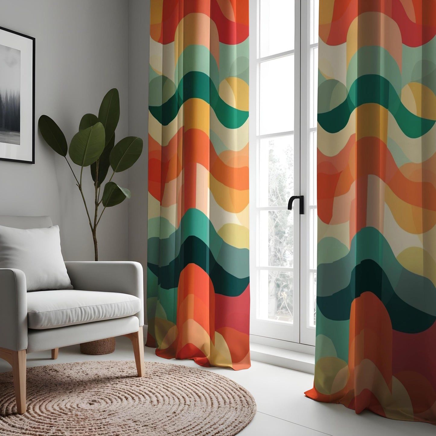 Retro Colorful Wave Pattern Curtain, Bold Abstract Drape