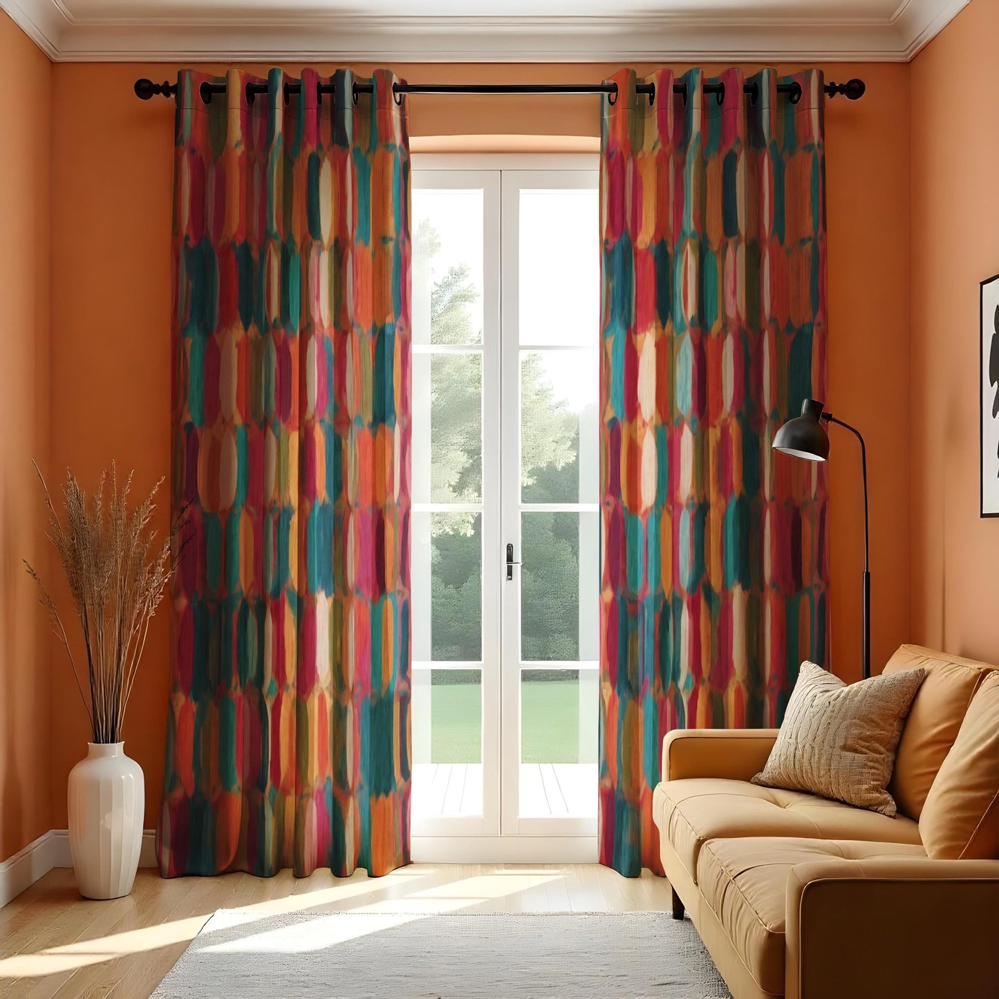 Colorful Abstract Geometric Curtain, Bold Retro Pattern Drape