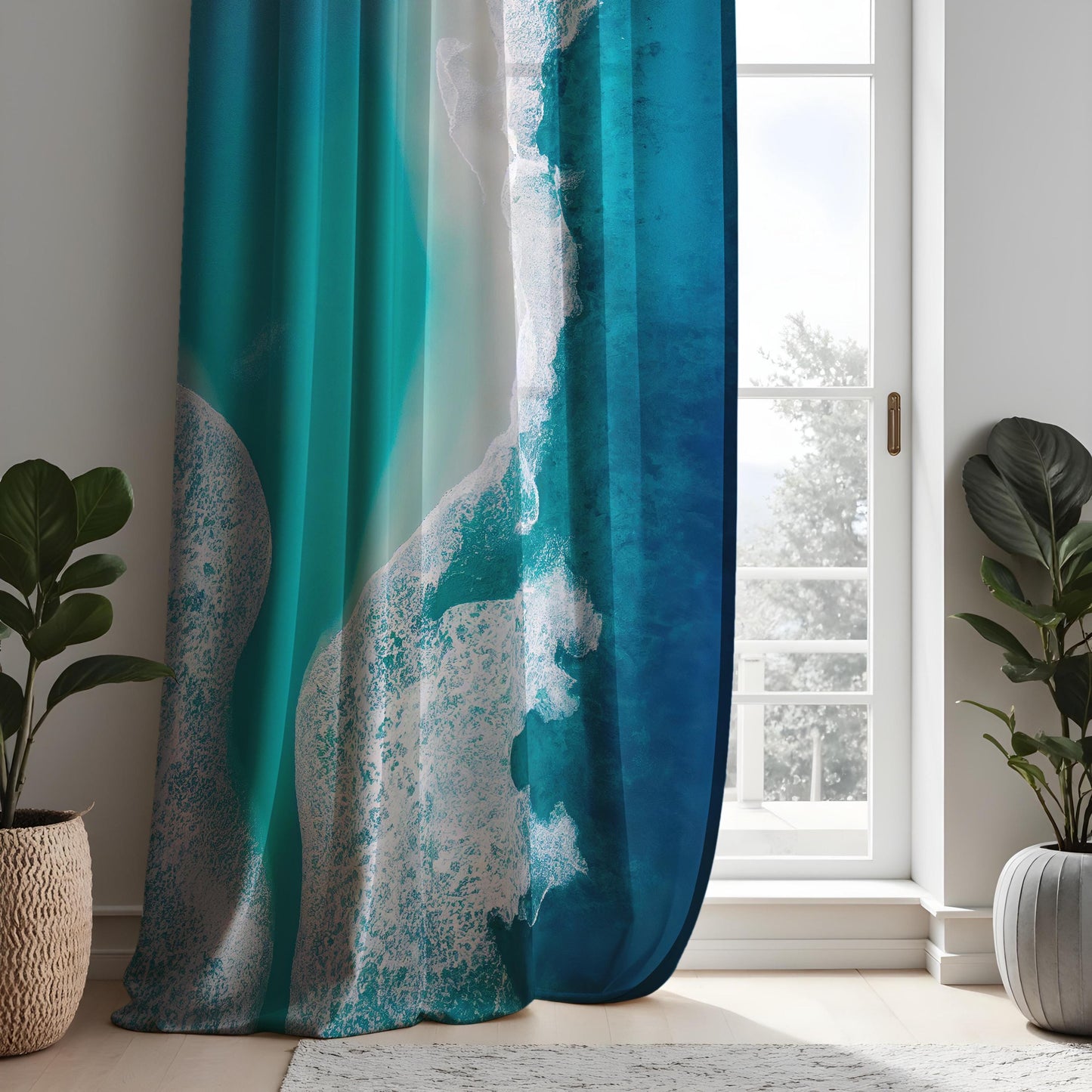 Ocean Wave Abstract Curtain, Beautiful Teal & Blue Water Drape