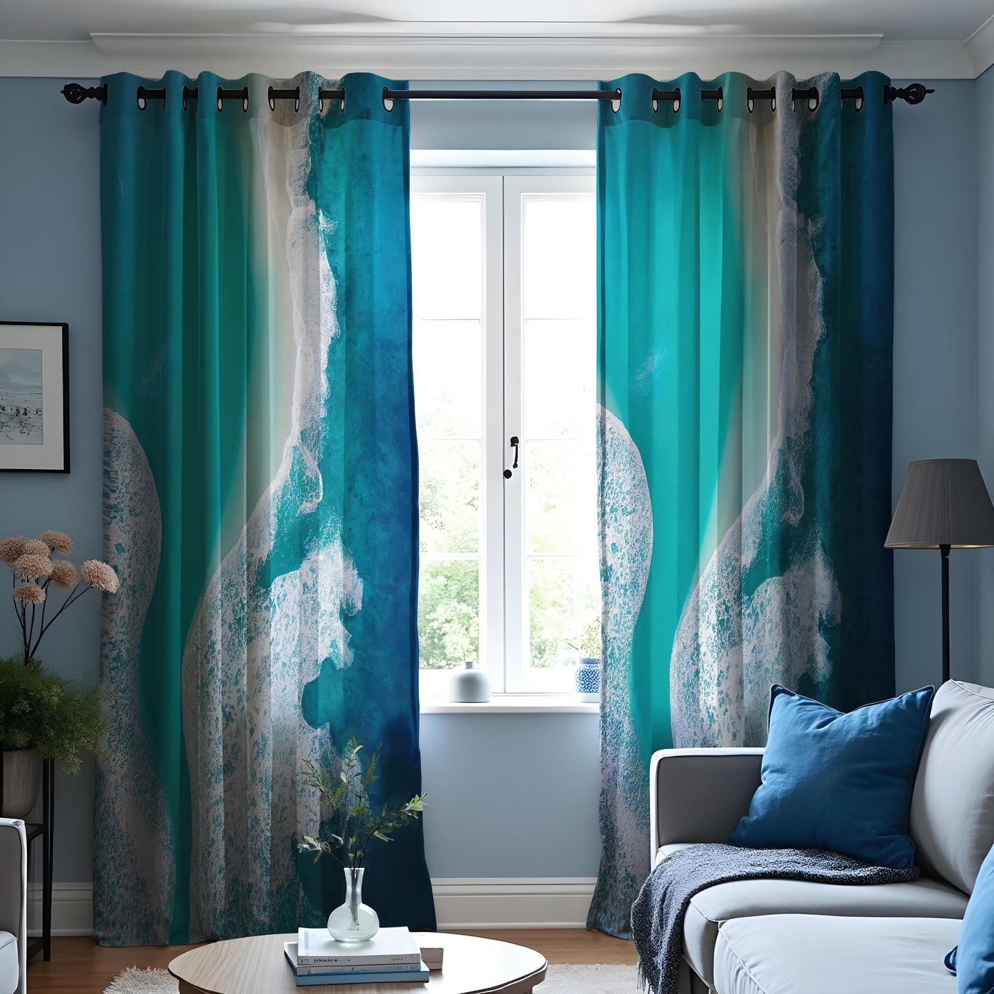 Ocean Wave Abstract Curtain, Beautiful Teal & Blue Water Drape