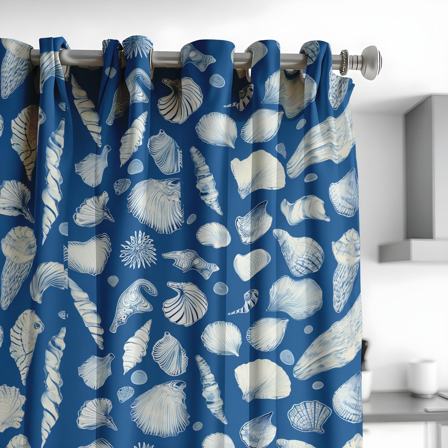 Coastal Shell Pattern Curtain, Nautical Blue & White Sea Shell Drape