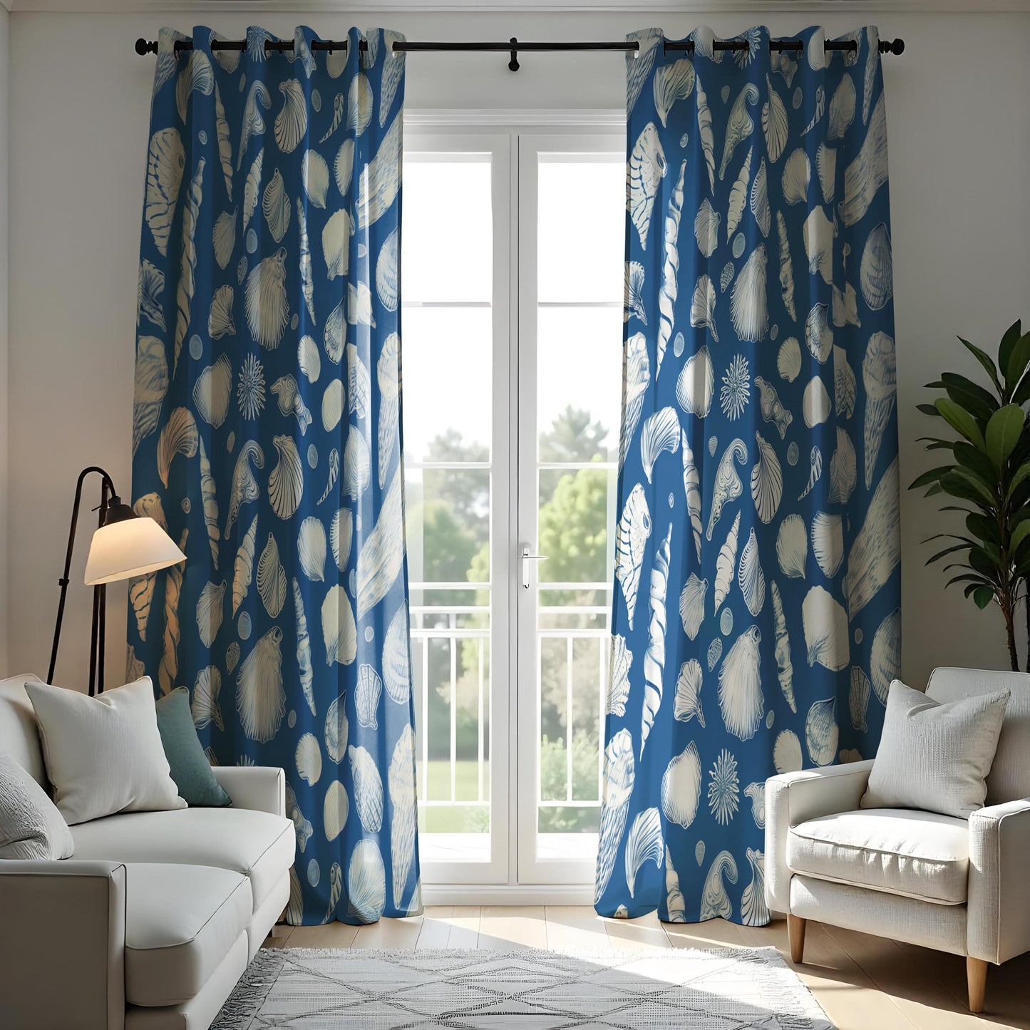 Coastal Shell Pattern Curtain, Nautical Blue & White Sea Shell Drape