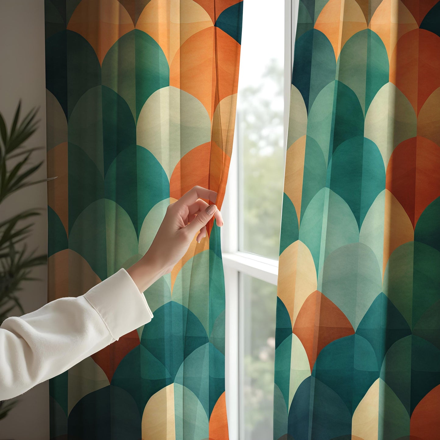 Modern Abstract Scallop Pattern Curtain, Bold Teal & Orange Drape