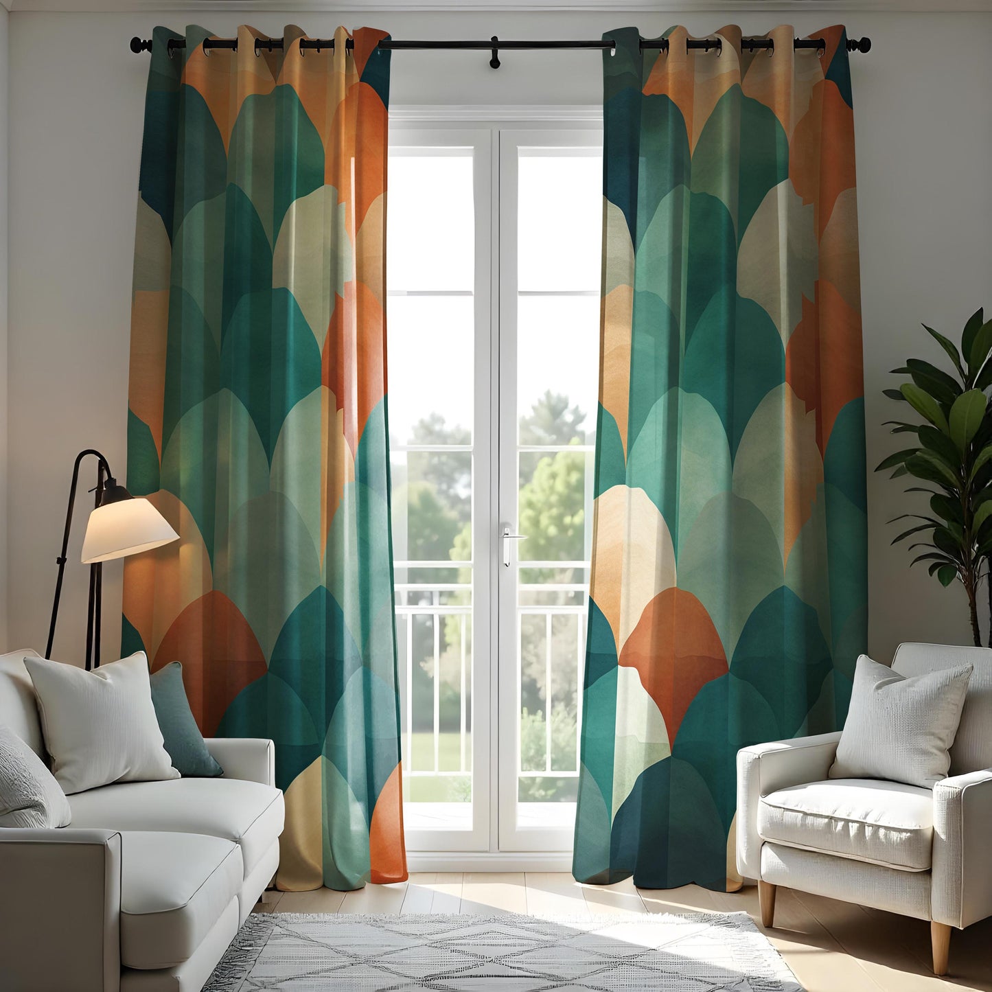 Modern Abstract Scallop Pattern Curtain, Bold Teal & Orange Drape