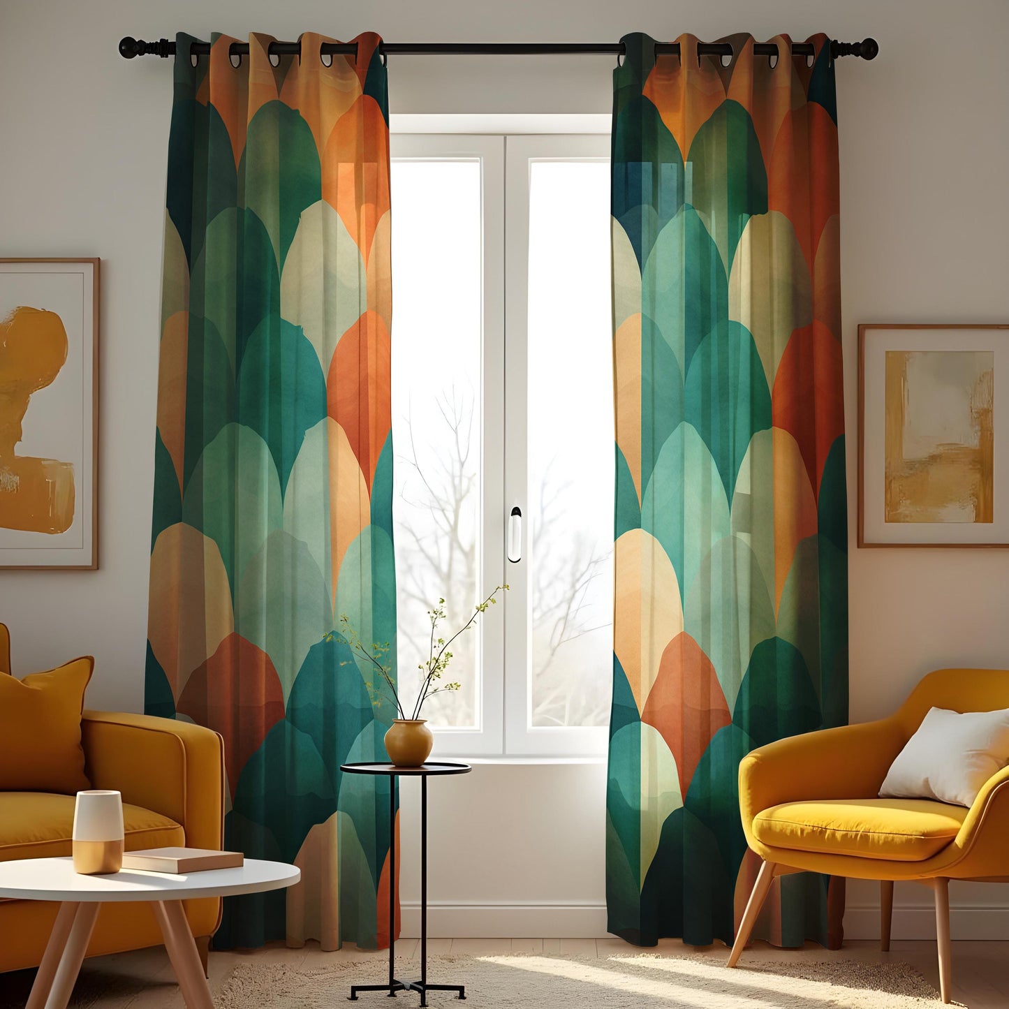 Modern Abstract Scallop Pattern Curtain, Bold Teal & Orange Drape