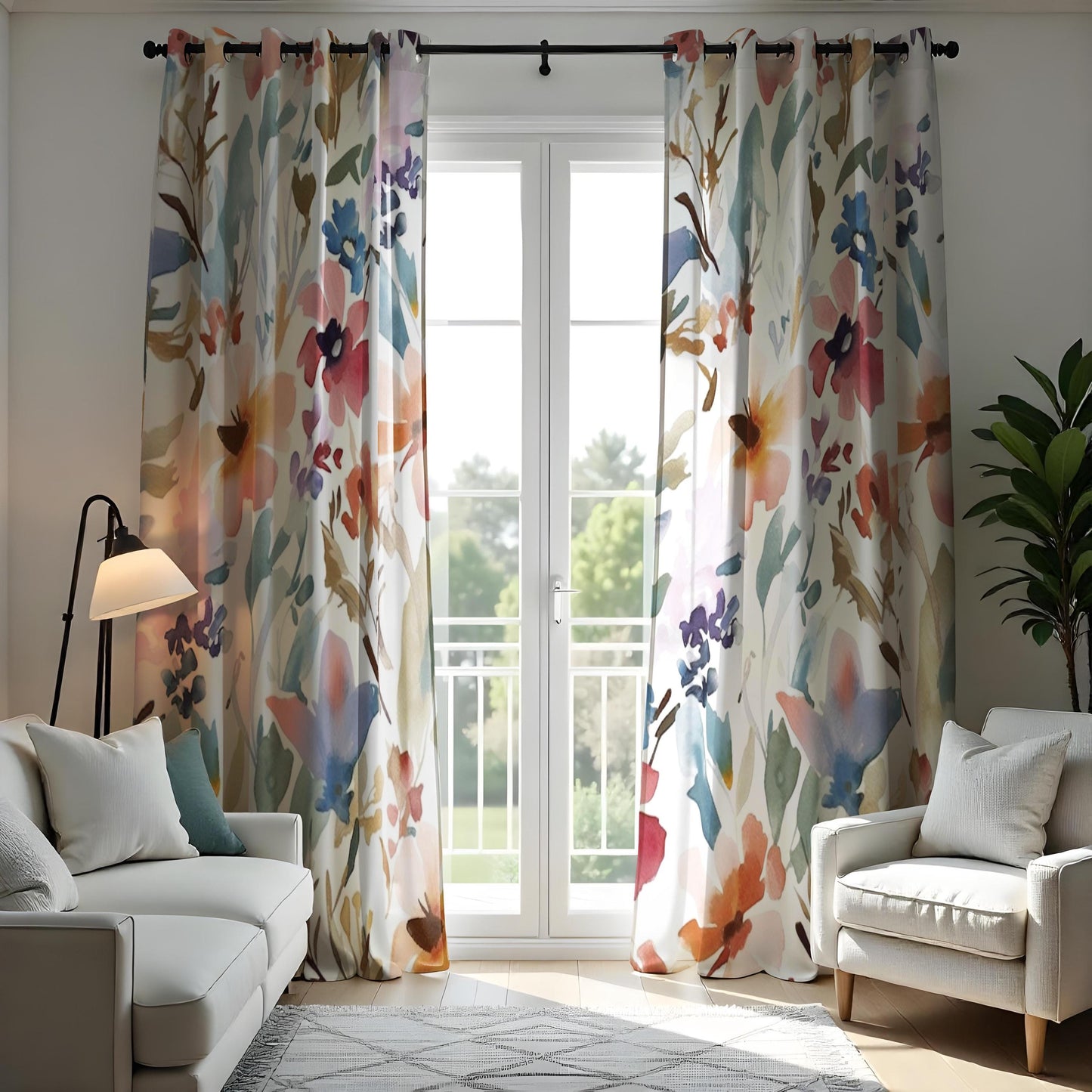 Colorful Floral Watercolor Curtain, Blue & Yellow Flowers Drape