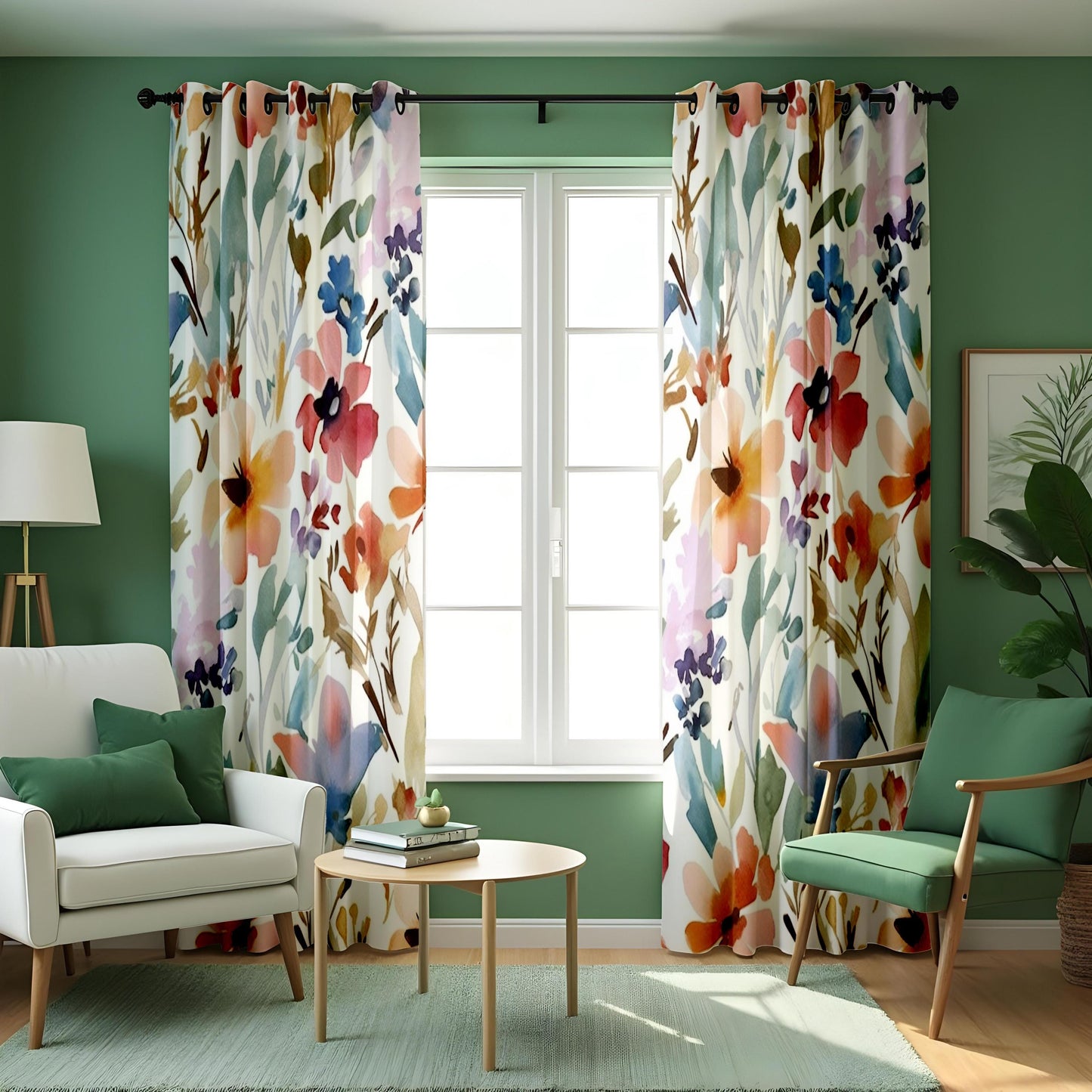 Colorful Floral Watercolor Curtain, Blue & Yellow Flowers Drape