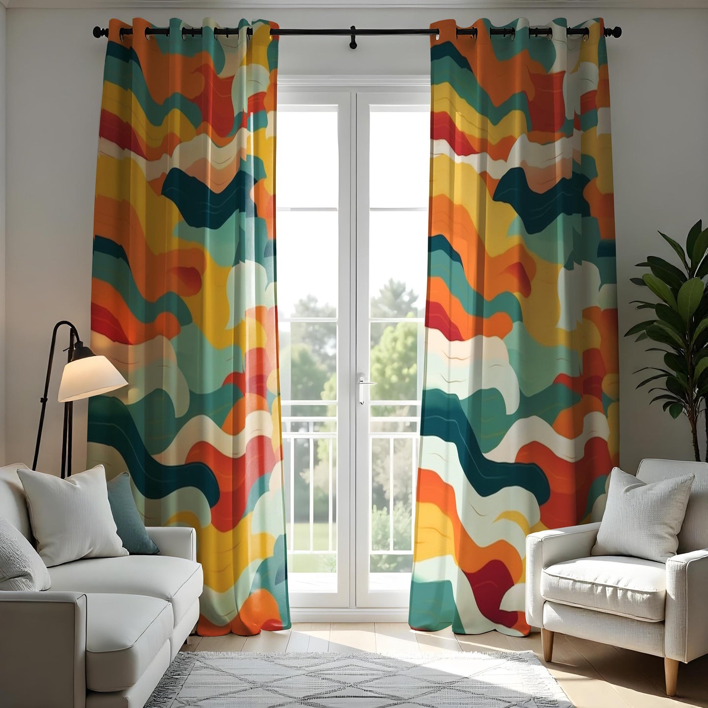 Colorful Abstract Wave Curtain, Bold Orange, Yellow, Blue & Green
