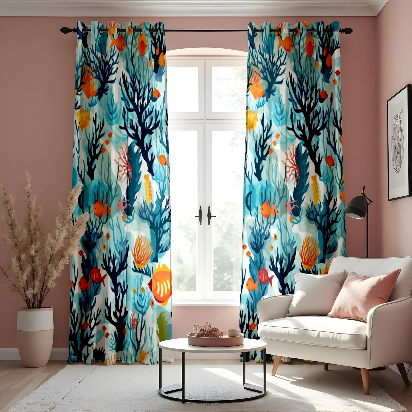 Ocean Reef Curtains, Colorful Coral & Fish Pattern Window Drapes