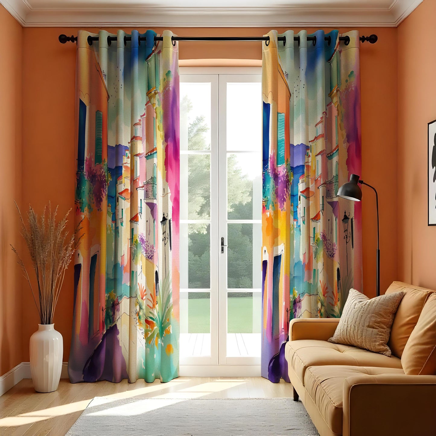 Vibrant Coastal Village Watercolor Curtains, Colorful Italian Town