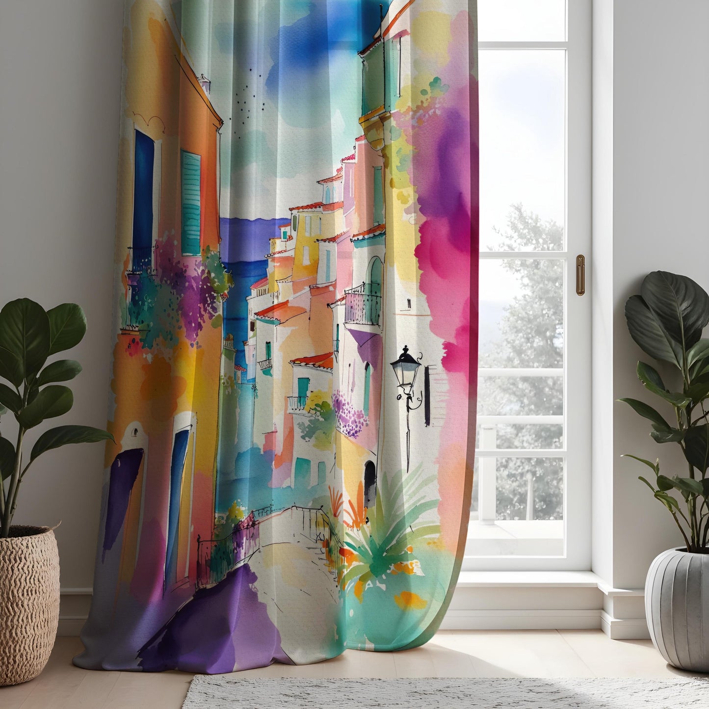 Vibrant Coastal Village Watercolor Curtains, Colorful Italian Town