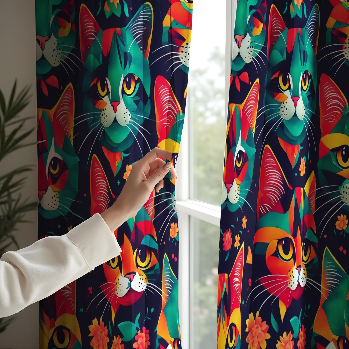 Colorful Cat Curtains, Modern Art Cat Drapes