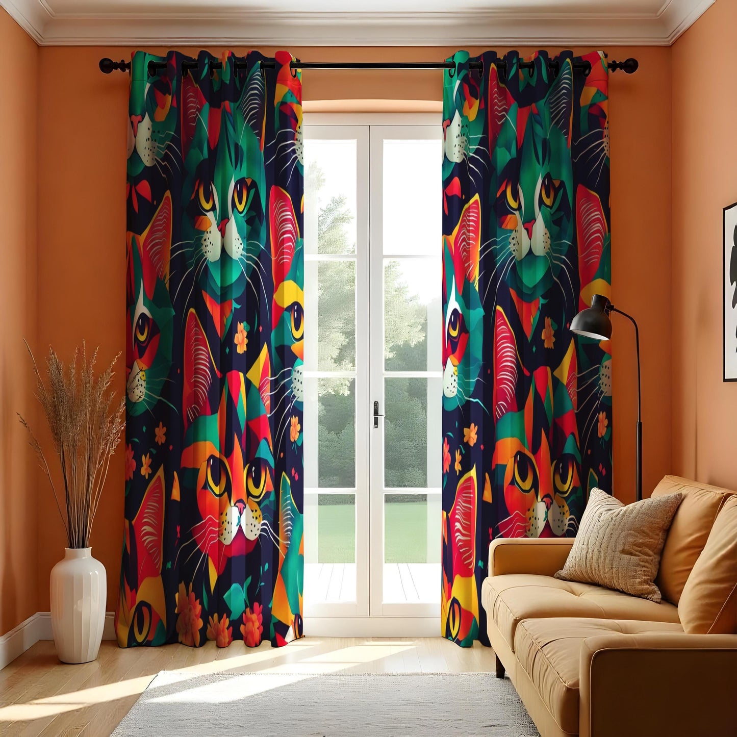 Colorful Cat Curtains, Modern Art Cat Drapes