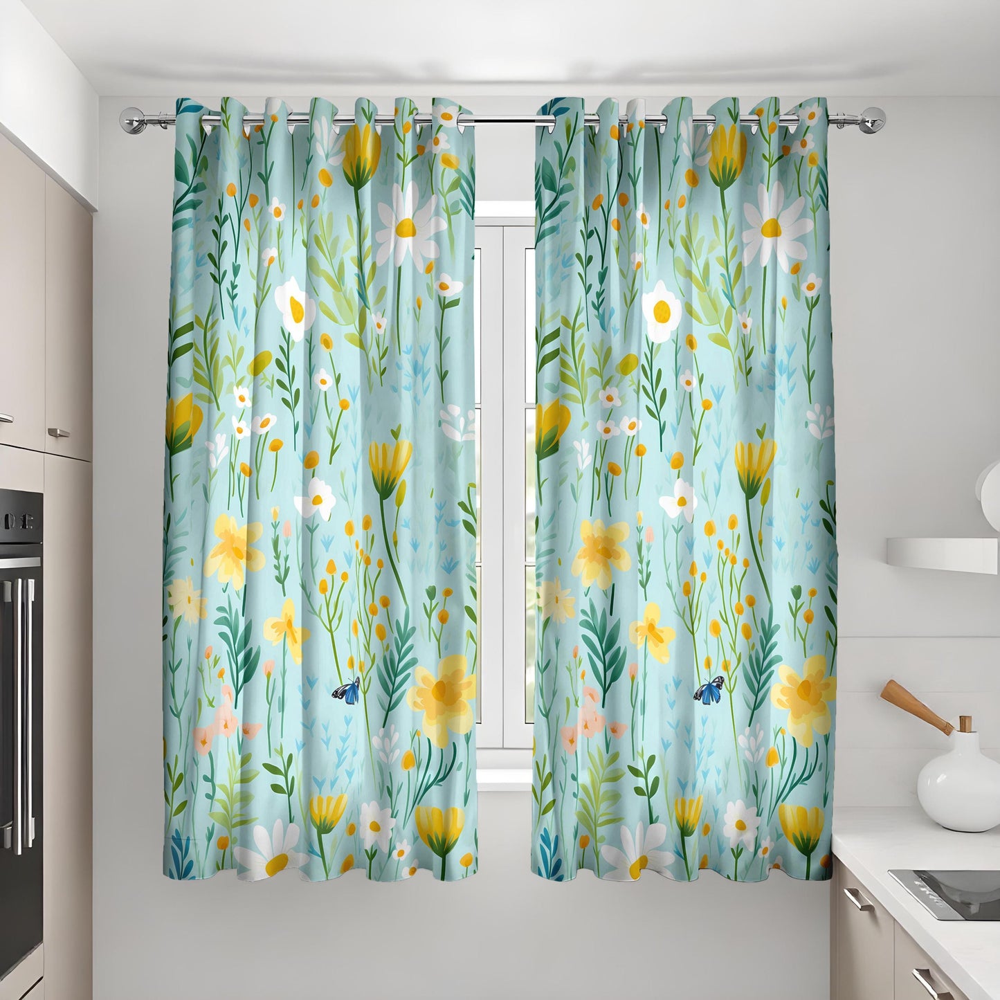 Bright Floral Curtains, Daisy & Butterfly Print Drapes