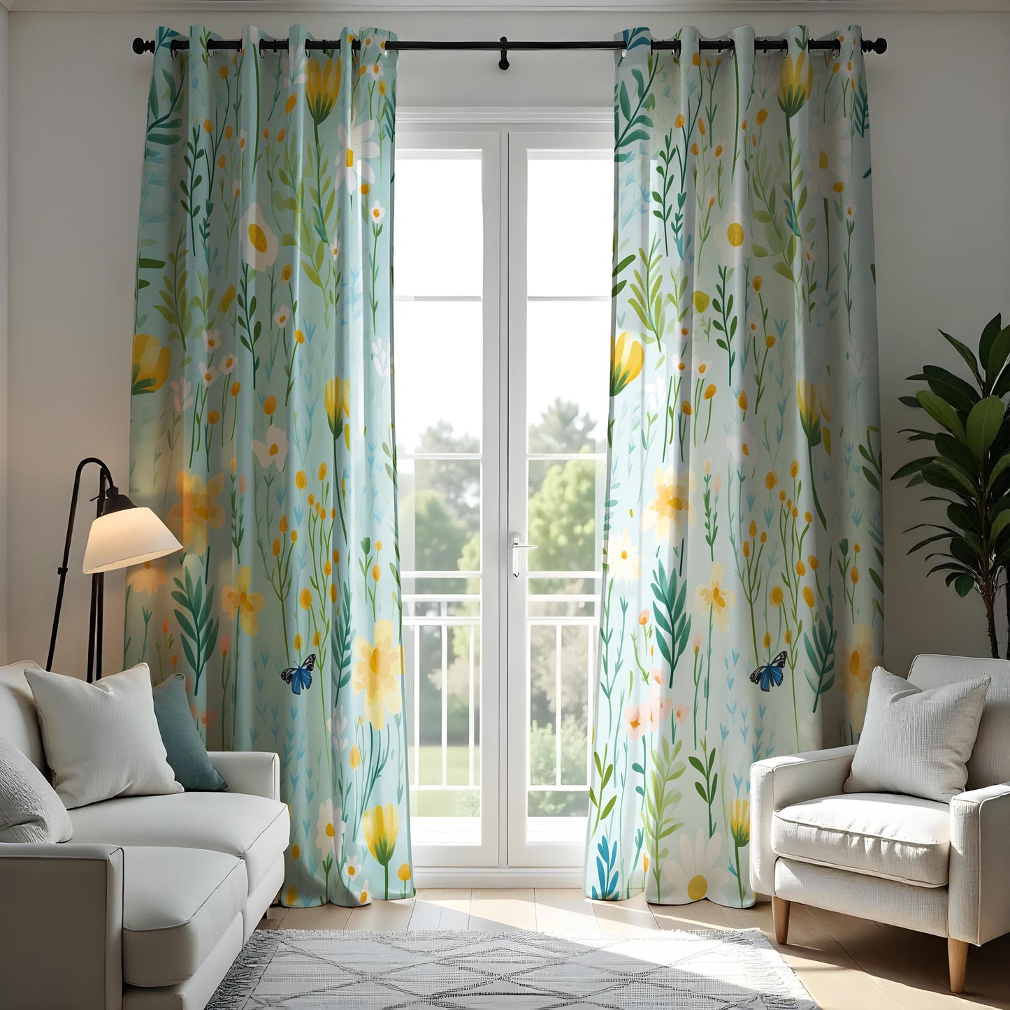 Bright Floral Curtains, Daisy & Butterfly Print Drapes