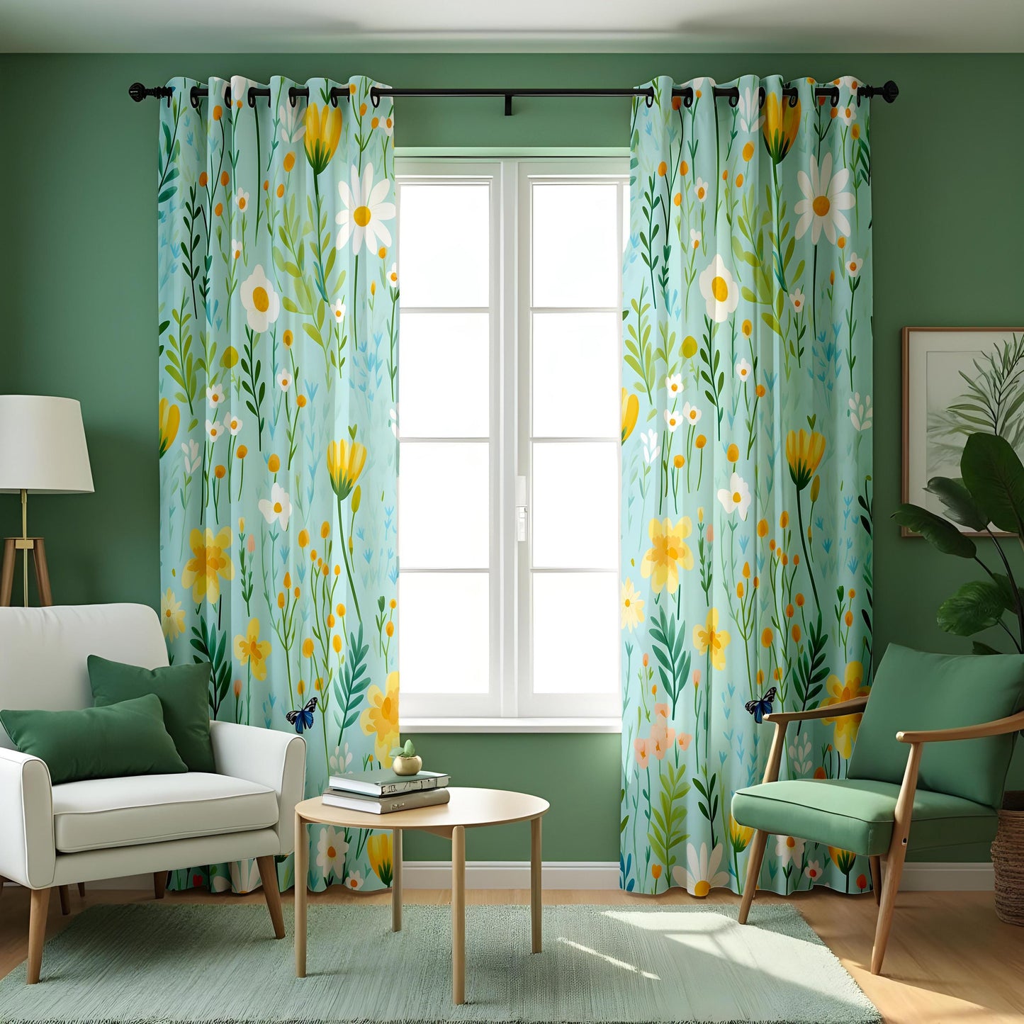 Bright Floral Curtains, Daisy & Butterfly Print Drapes