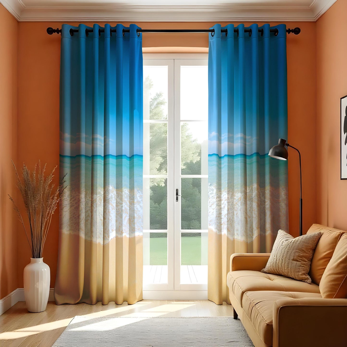 Beach Ocean Scene Curtains, Serene Seaside Window Drapes