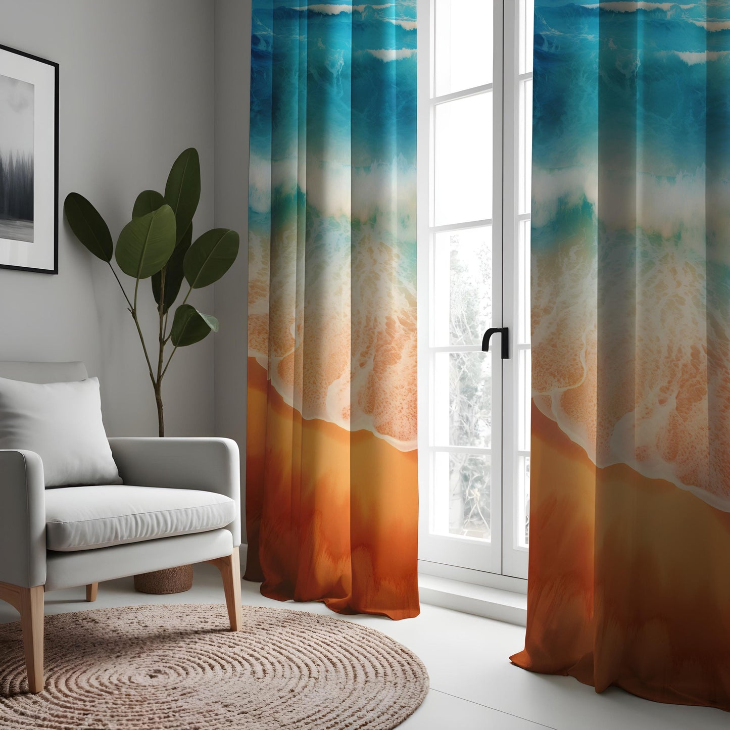 Beach Ocean Scene Curtains, Blue Wave & Sandy Shore Window Drapes