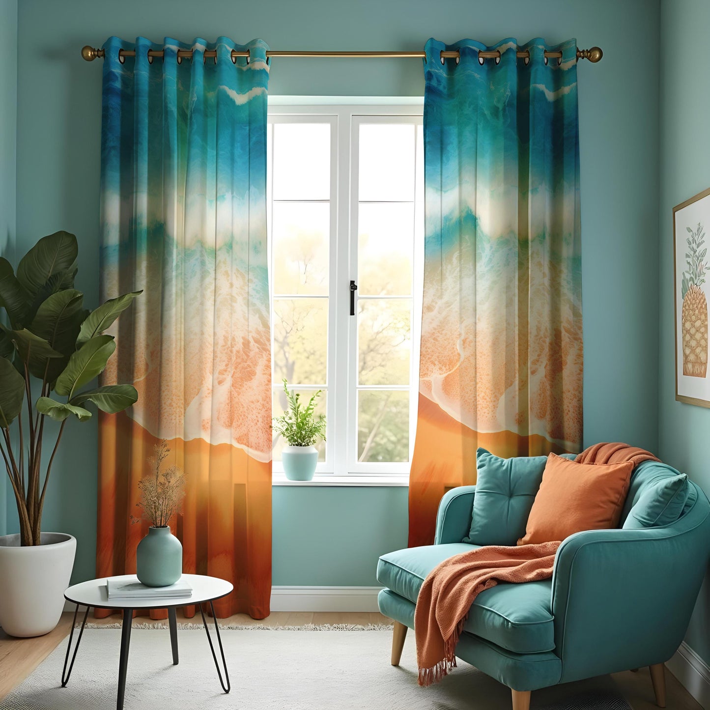 Beach Ocean Scene Curtains, Blue Wave & Sandy Shore Window Drapes