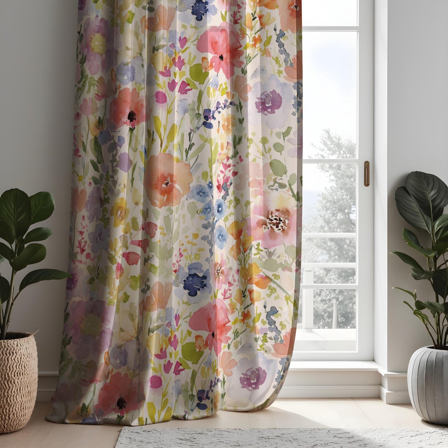 Floral Print Curtains, Watercolor Flowers Soft Pastel Drapes