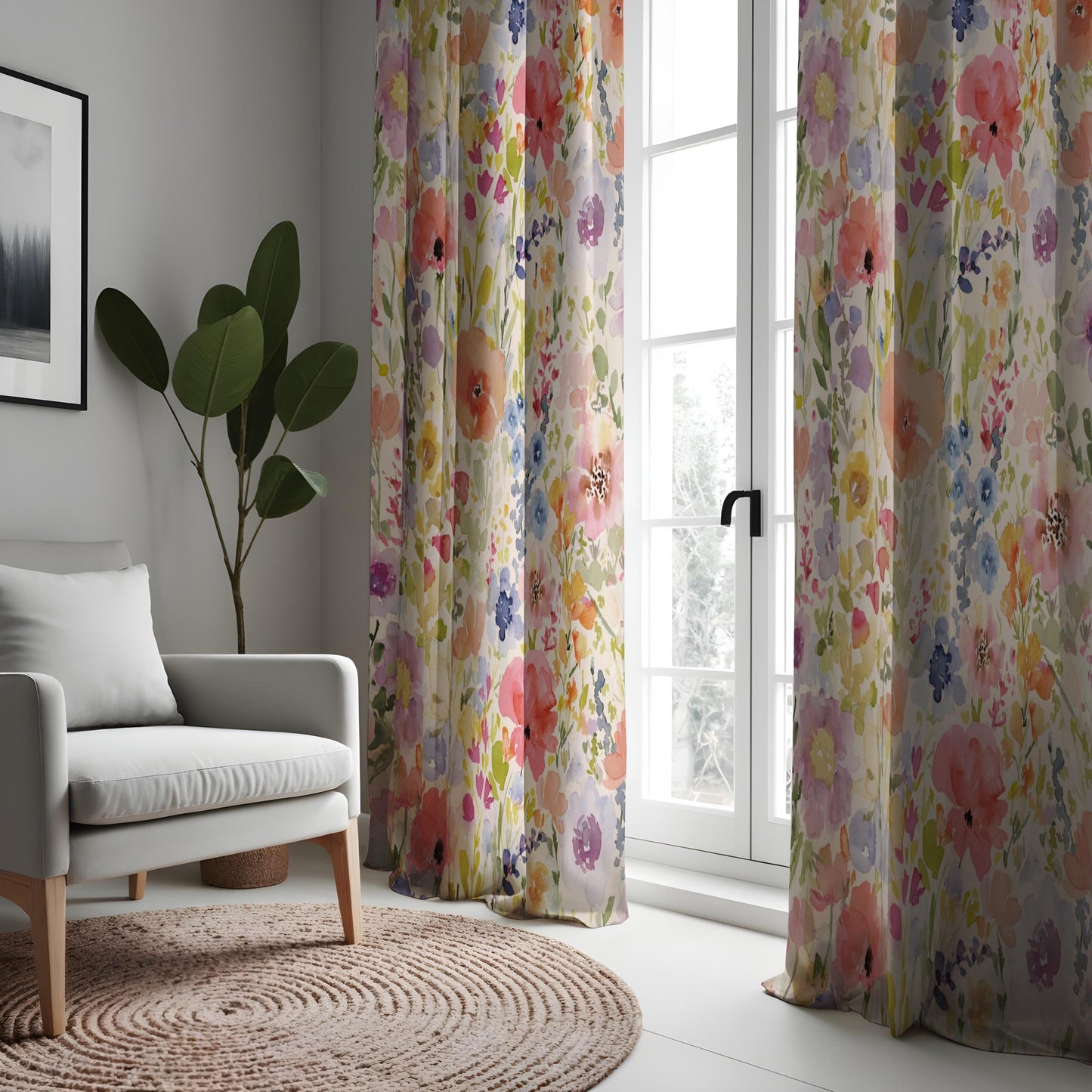 Floral Print Curtains, Watercolor Flowers Soft Pastel Drapes