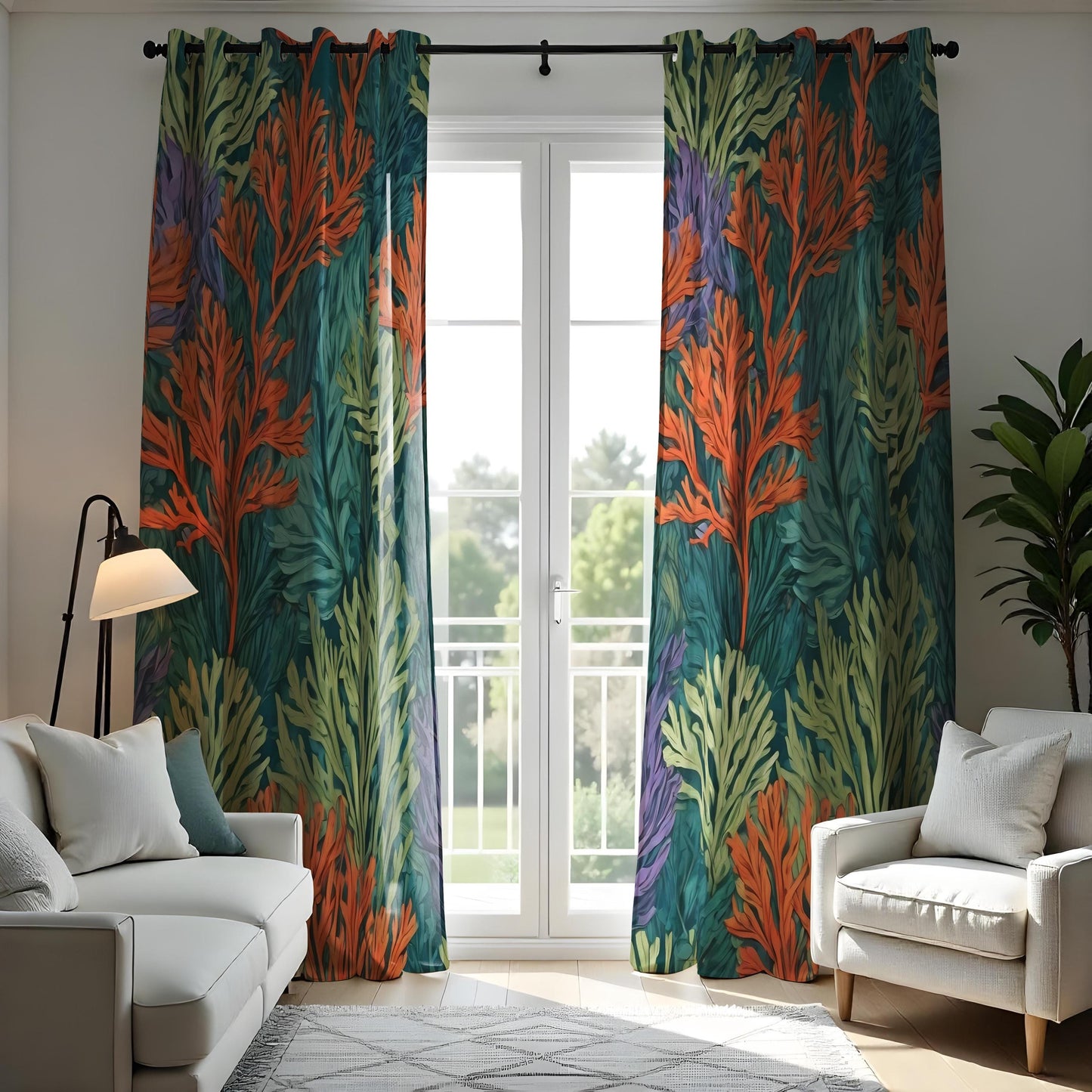 Tropical Leaves & Coral Pattern Curtains, Bold Botanical Drapes
